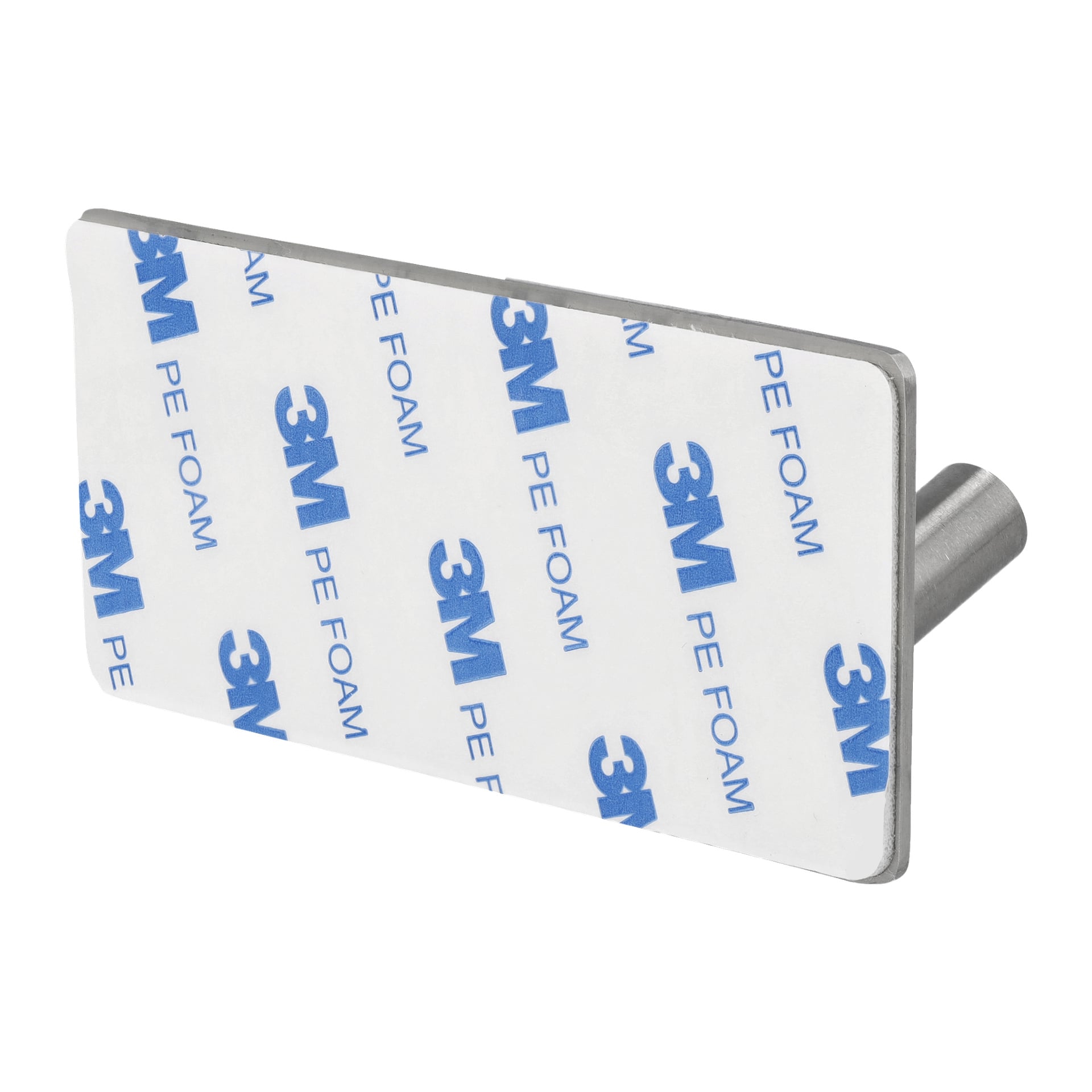 En rektangulær EKVIP "Hook rack 2 hooks" metallplate inkluderer en sylindrisk plugg som strekker seg ut fra den ene siden, med et hvitt limunderlag merket "3M PE FOAM" på baksiden.