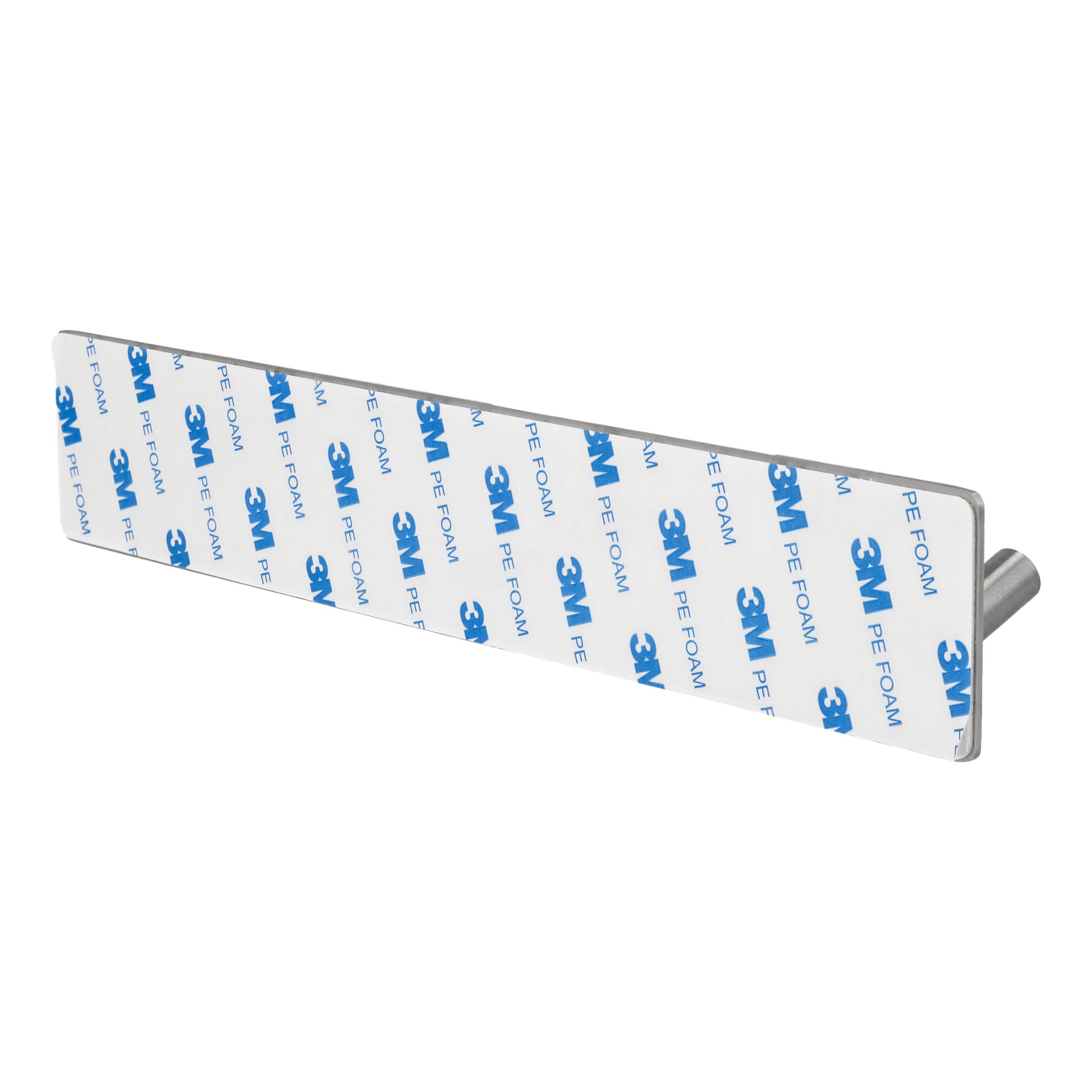 En rektangulær limstripe fra EKVIPs Hook rack 4-kroker viser en blå 3M-logo og "PE FOAM" på sin hvite bakside. Den klebrige siden peker oppover, og den ene enden har en liten metallflik festet.