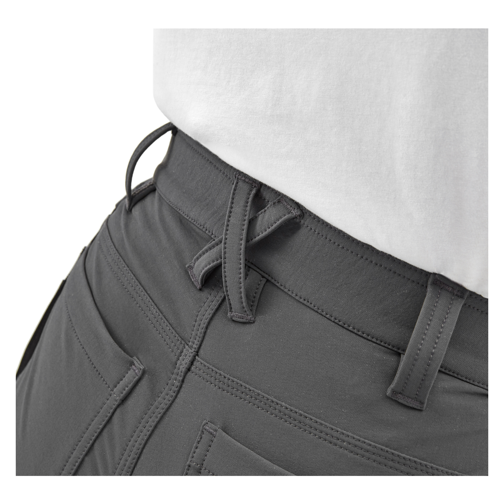 Bluewear Pro Workwear Kvinnors arbetsbyxor Stella visade i mörkgrått, med detaljerad vy av midjeband och ficksömmar, och en vit skjorta instoppad.