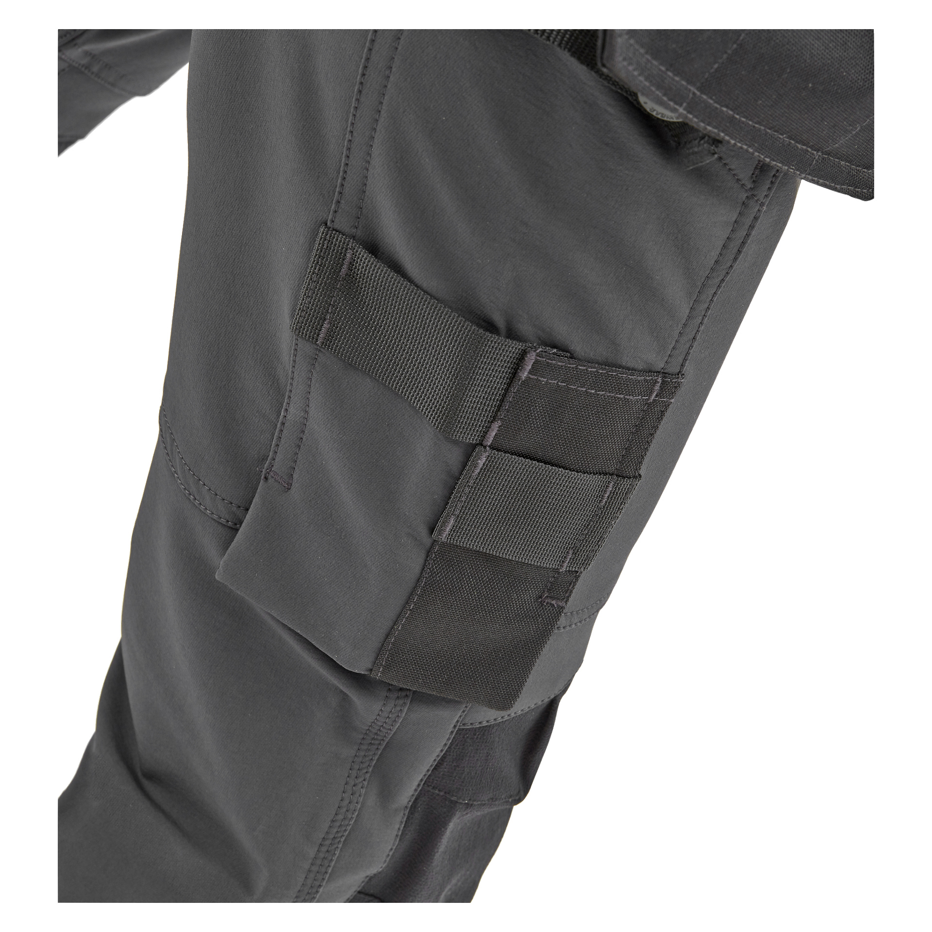 Bluewear Pro Workwear Kvinnors arbetsbyxor Stella i mörkgrått, med en sidoficka med svart webbing och förstärkta sömmar för praktisk eller taktisk användning.
