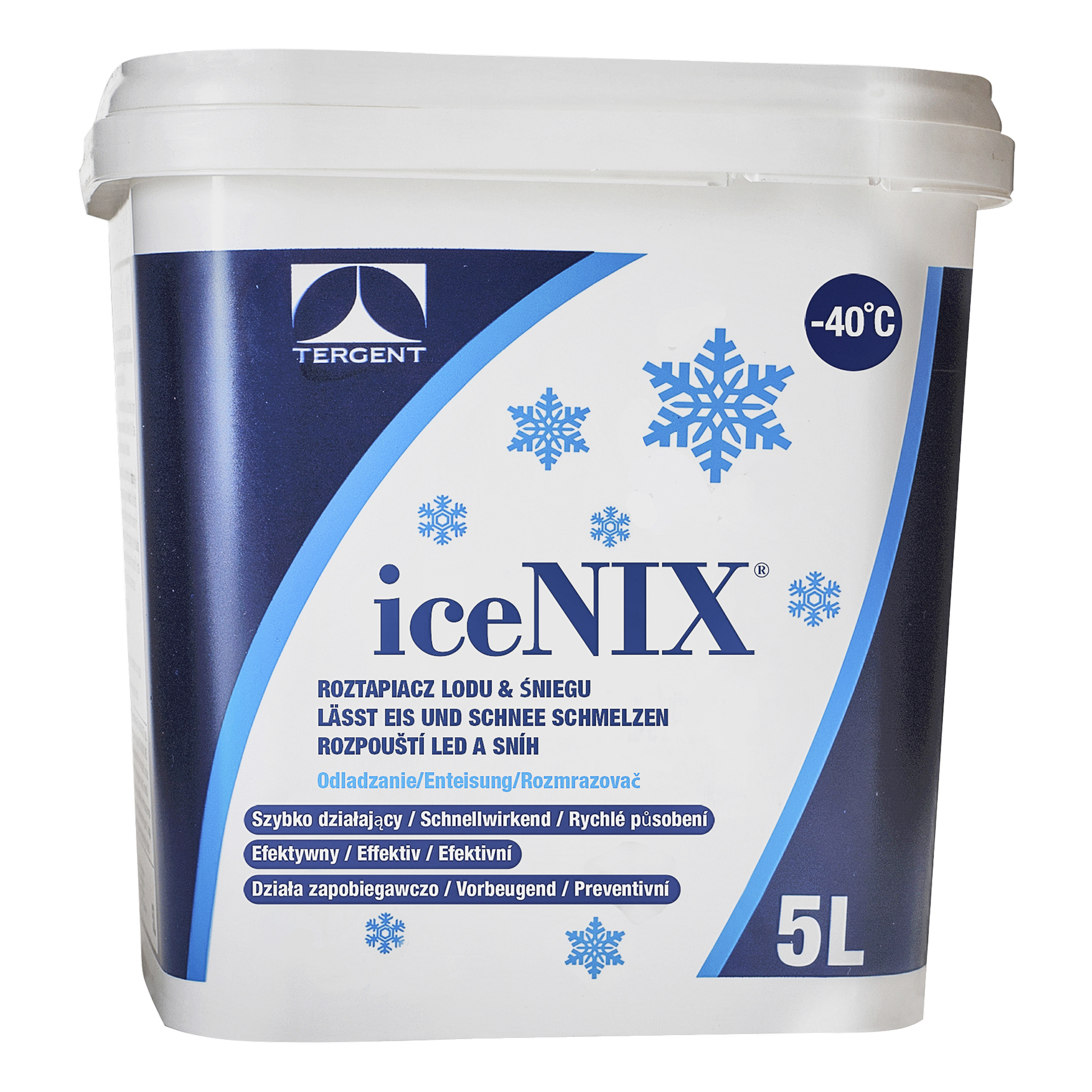 Białe plastikowe wiadro o pojemności 5 litrów z Tergent Ice and Snow Melting Agent isNIX posiada etykietę ozdobioną niebieskimi płatkami śniegu, informacje o produkcie oraz informacje, że działa skutecznie nawet w temperaturach do -40°C.