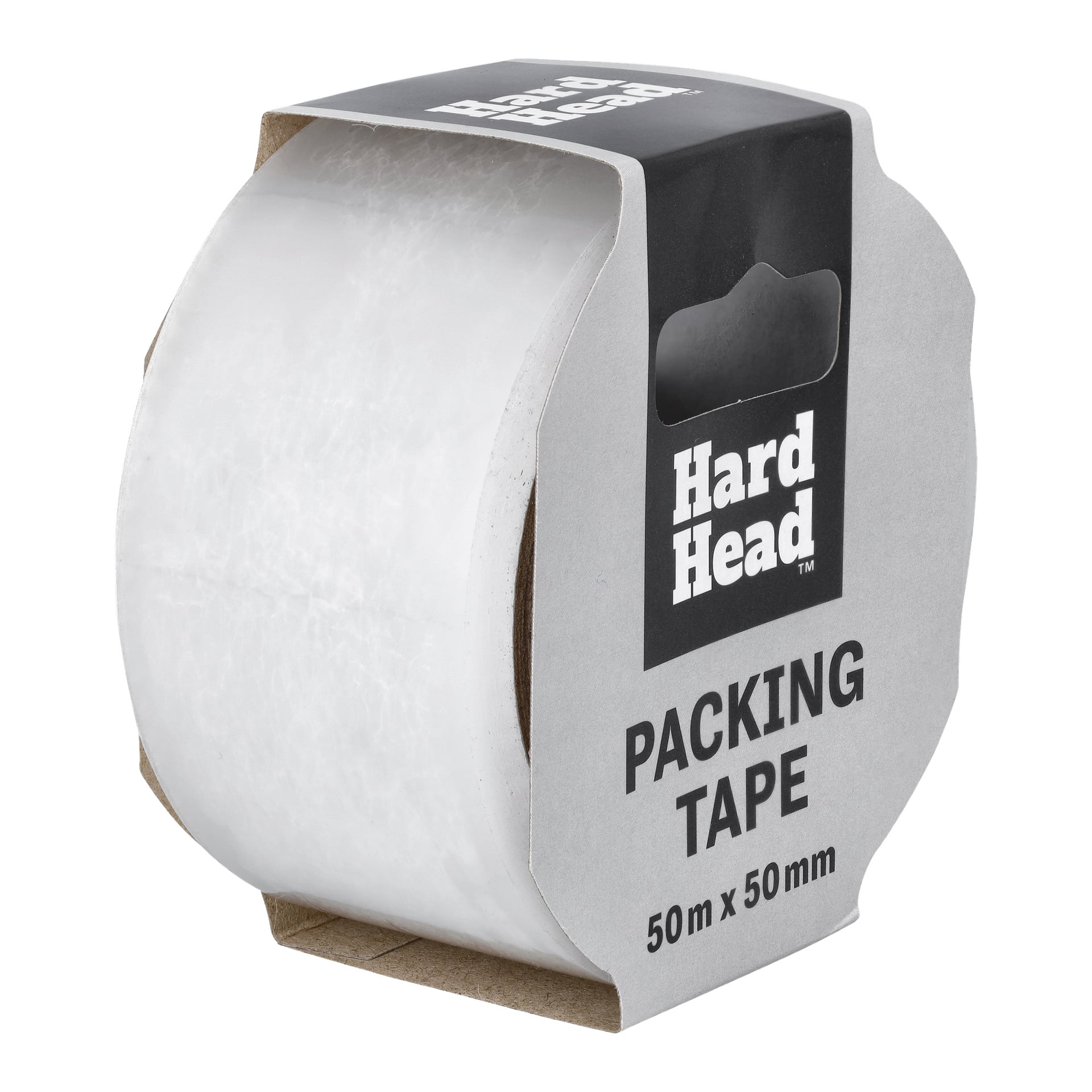 En rulle Hard Head Packing Tape, i storlekarna 50 m x 50 mm, finns i en kartongbehållare. Den klara tejpen har grå och vit förpackning.