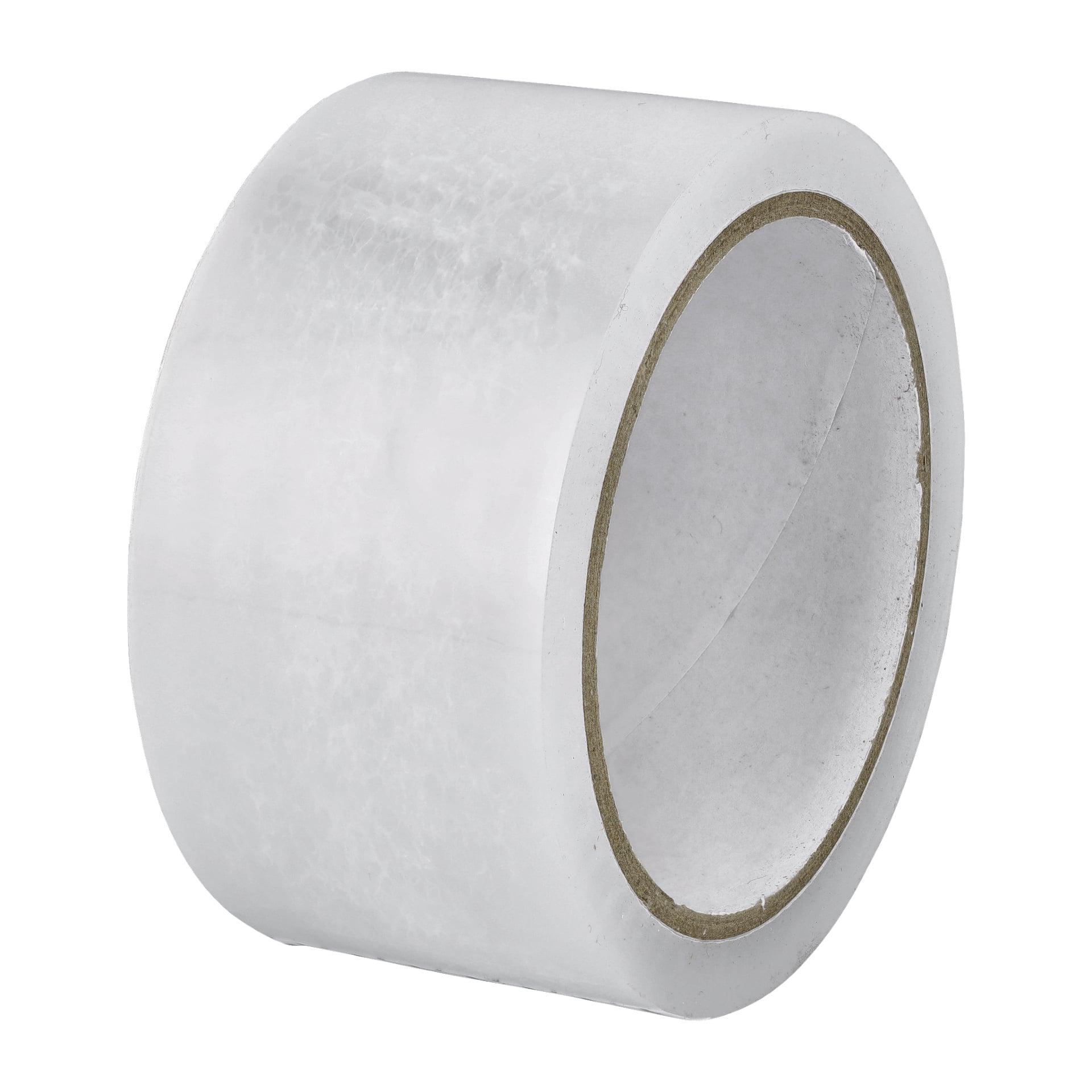 En rulle Hard Head Packing-tejp står upprätt och visar sin transparenta, oanvända tejp och kartongkärnan synlig genom det klara materialet.