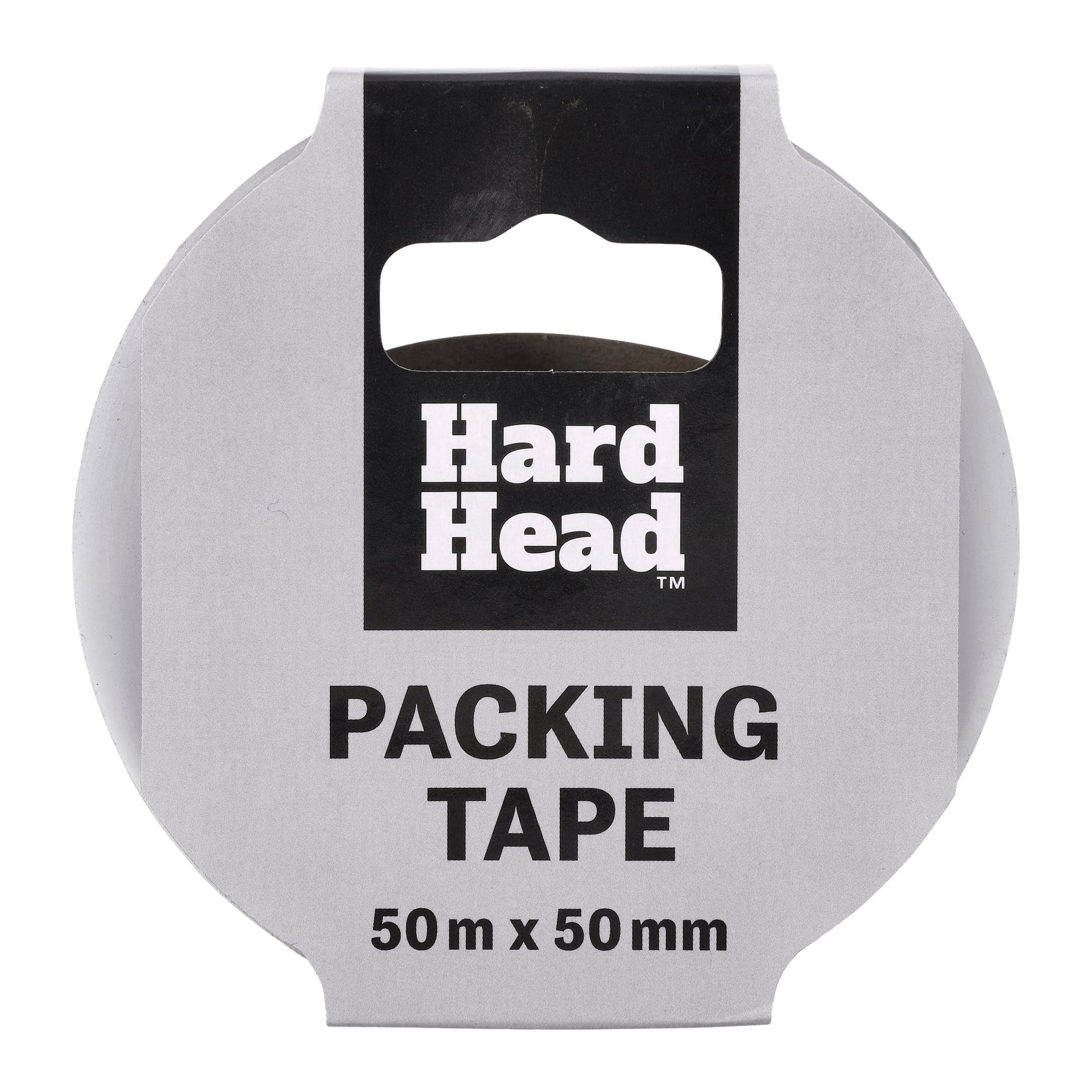 En rulle Hard Head Packing-tejp i grå förpackning med ett utskuret handtag. Framsidan visar varumärket "Hard Head" och produktdetaljerna "Packing Tape 50 m x 50 mm" med stora svarta bokstäver.