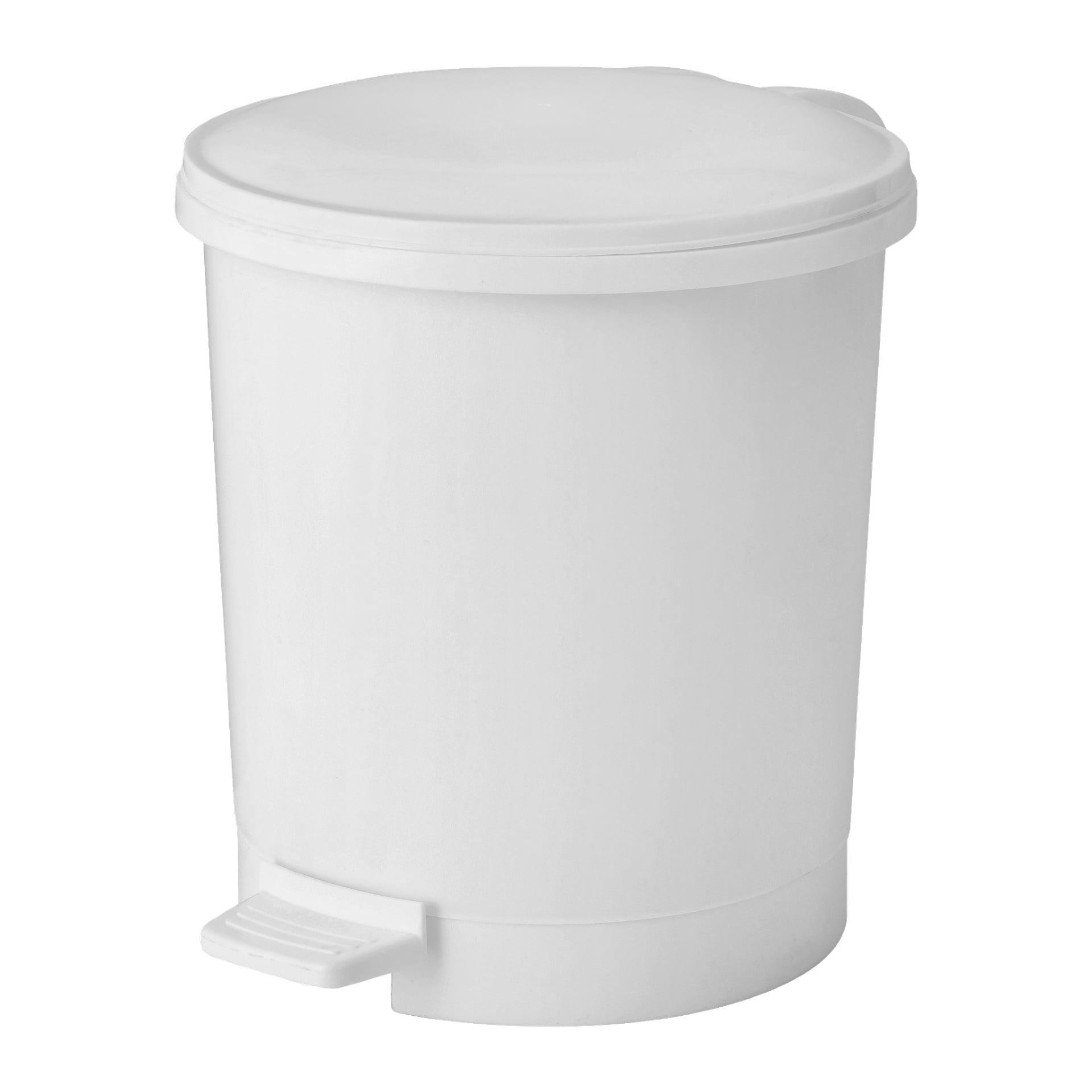 En enkel vit, rund plastpedallåda i plast med stängt lock och en fotpedal i basen för beröringsfri användning.