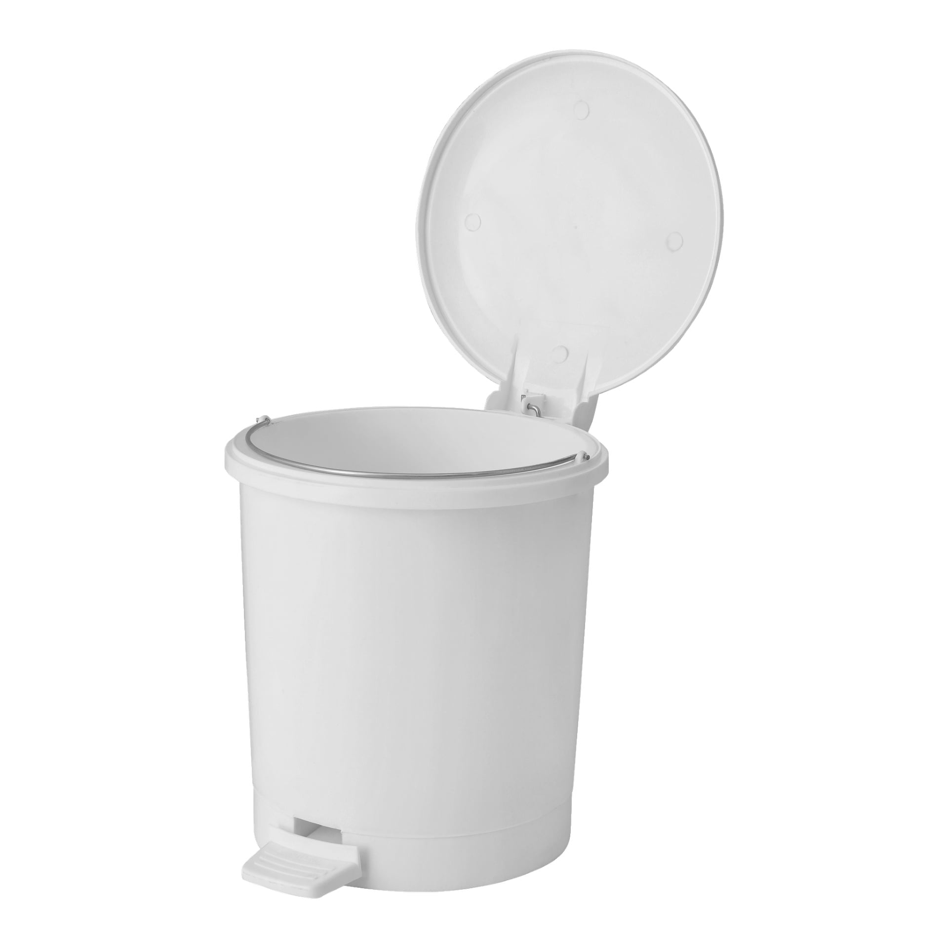 En vit plastpedallåda i EKVIP med cirkulär design, synlig med locket öppet för att visa en tom insida. Den inkluderar en fotpedal vid basen för att öppna utan att använda händerna.