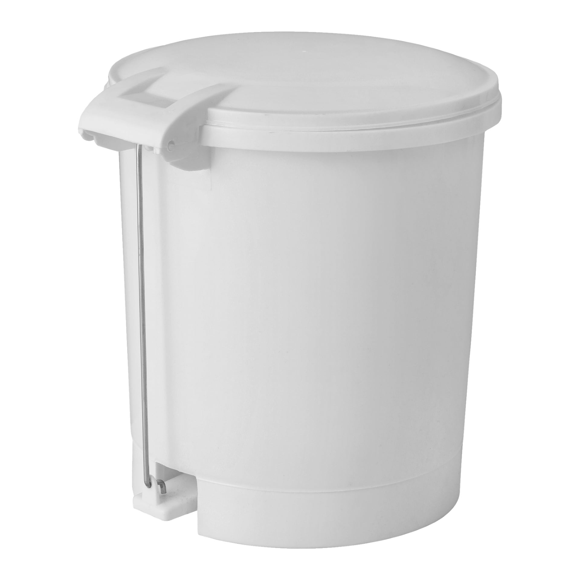 En EKVIP Pedal-låda med en vit plastkropp, en fotpedal och ett runt lock.