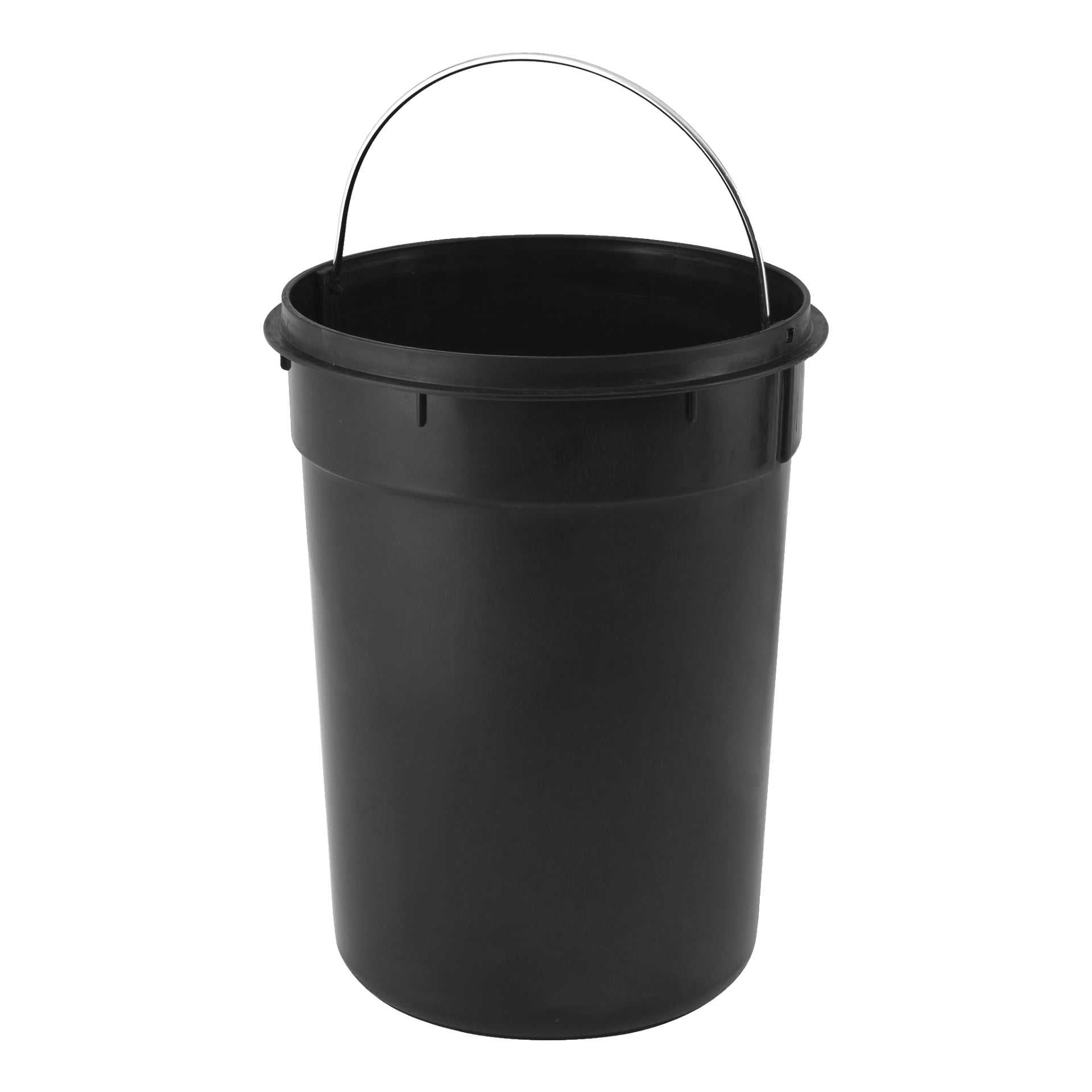 En svart EKVAP-pedallåda gjord av plast med ett upphöjt metallhandtag. Behållaren verkar stå upprätt och tom.