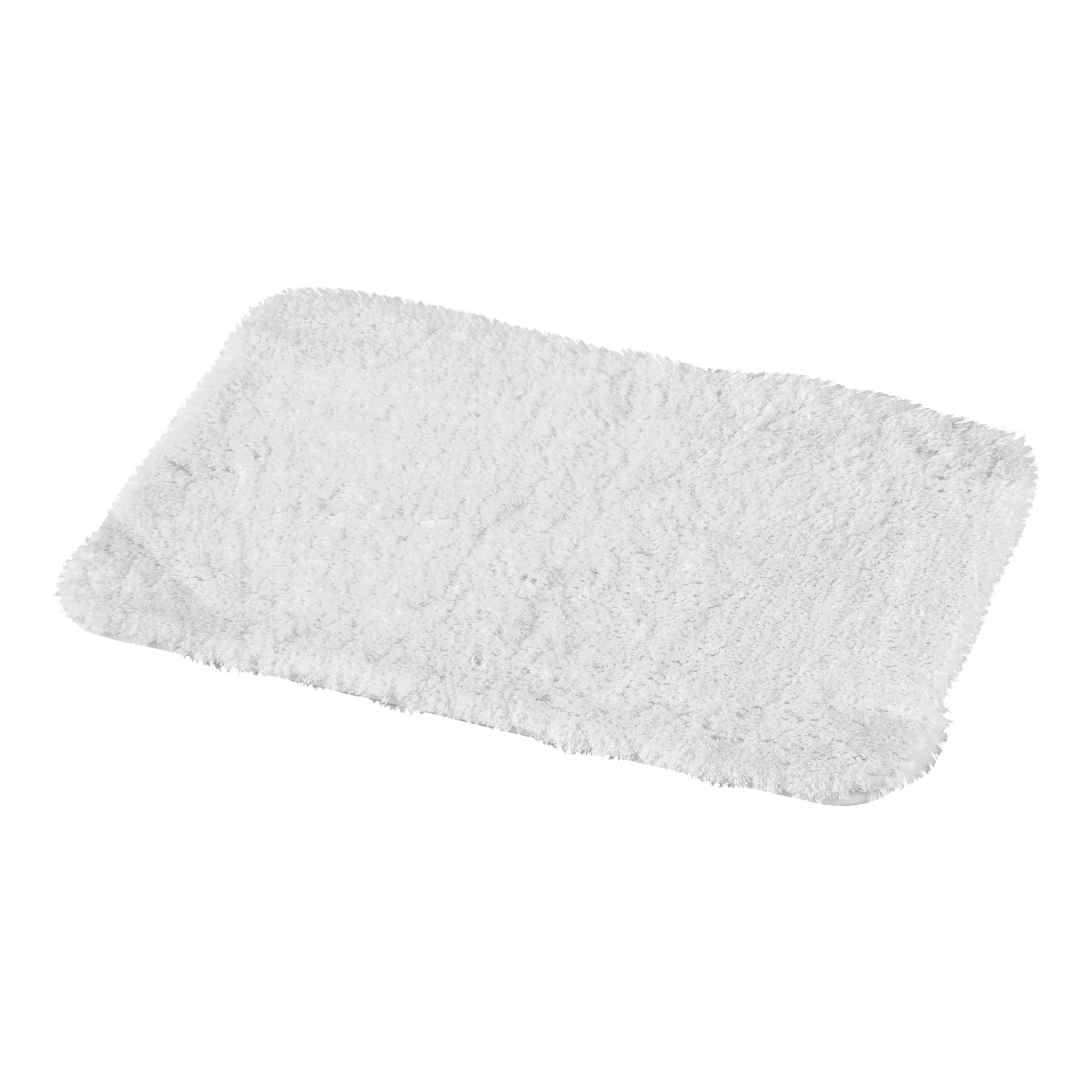 En EKVIP badrumsmatta med rektangulär form, vit färg, rundade hörn och en mjuk, mjuk textur visas på en neutral bakgrund.