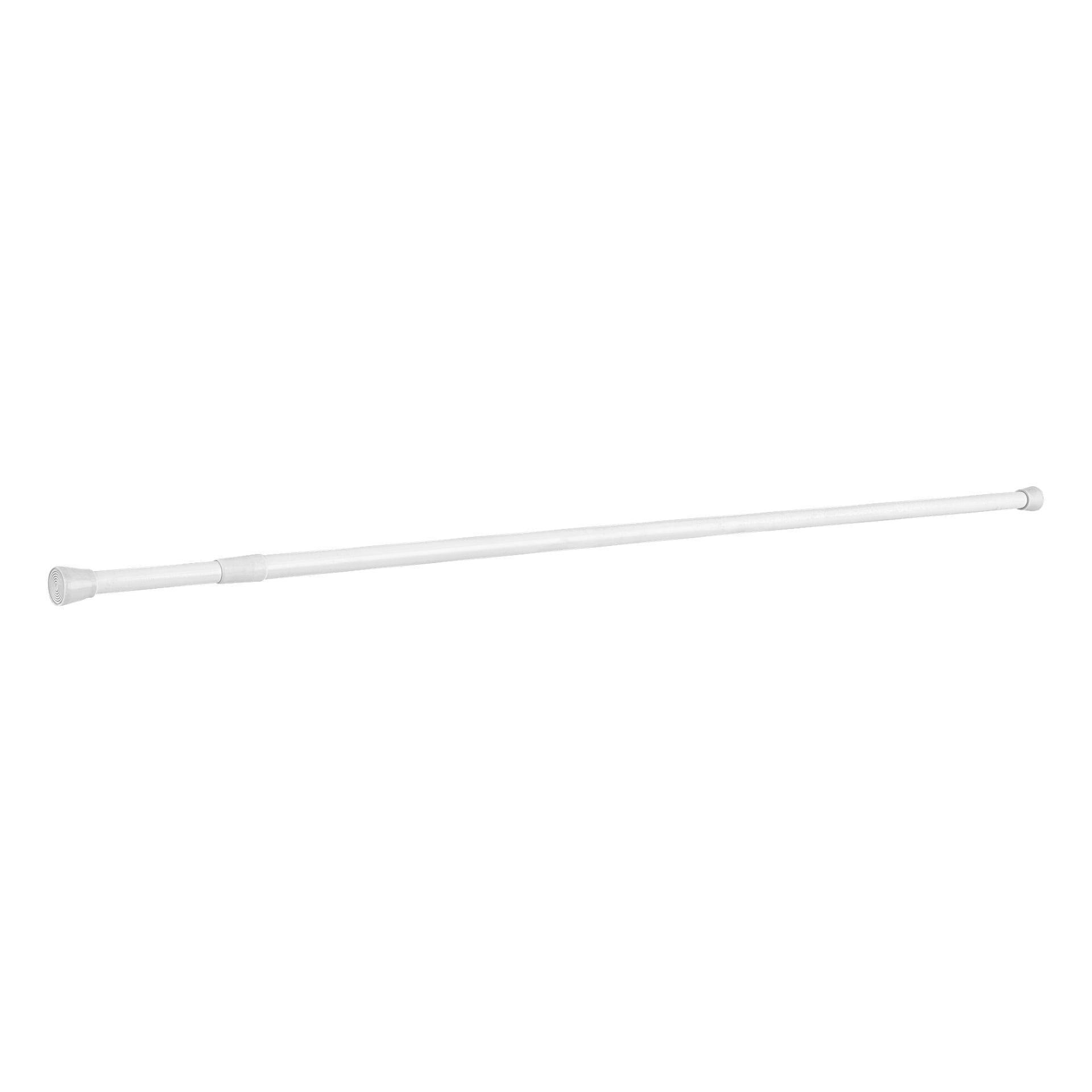 En vit EKVIP duschrail har en justerbar metallspännstång med en slät yta och gummiändlock, designad för användning med duschdraperier eller draperier.