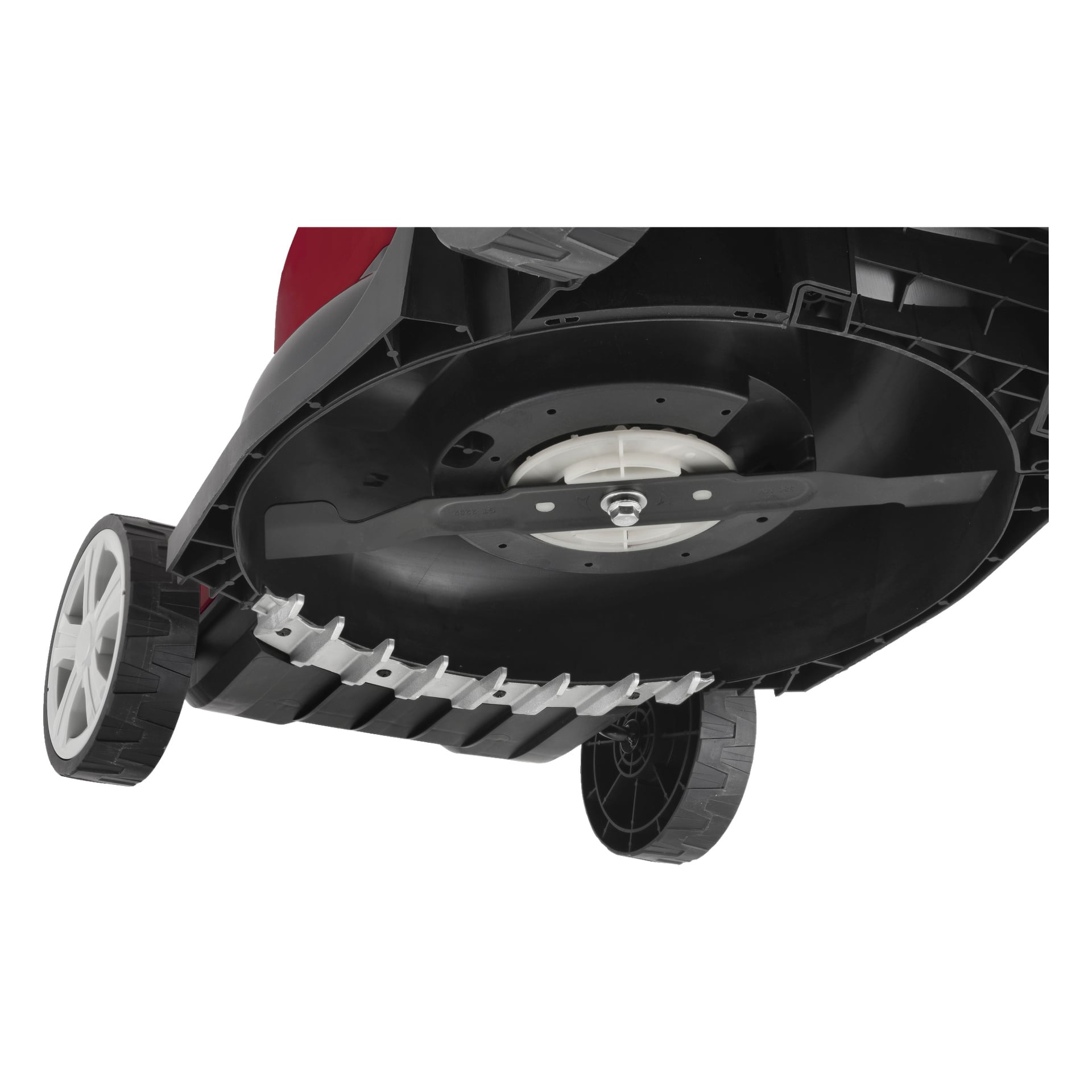 Detaljerad närbild av undersidan av en Meec Tools Multiseries LM-18V HOME 300 batteridriven gräsklippare, med sitt metallblad på plats av en central bult, en del av klippdäcket och två hjul. Komponenterna ser prydliga och välskötta ut.