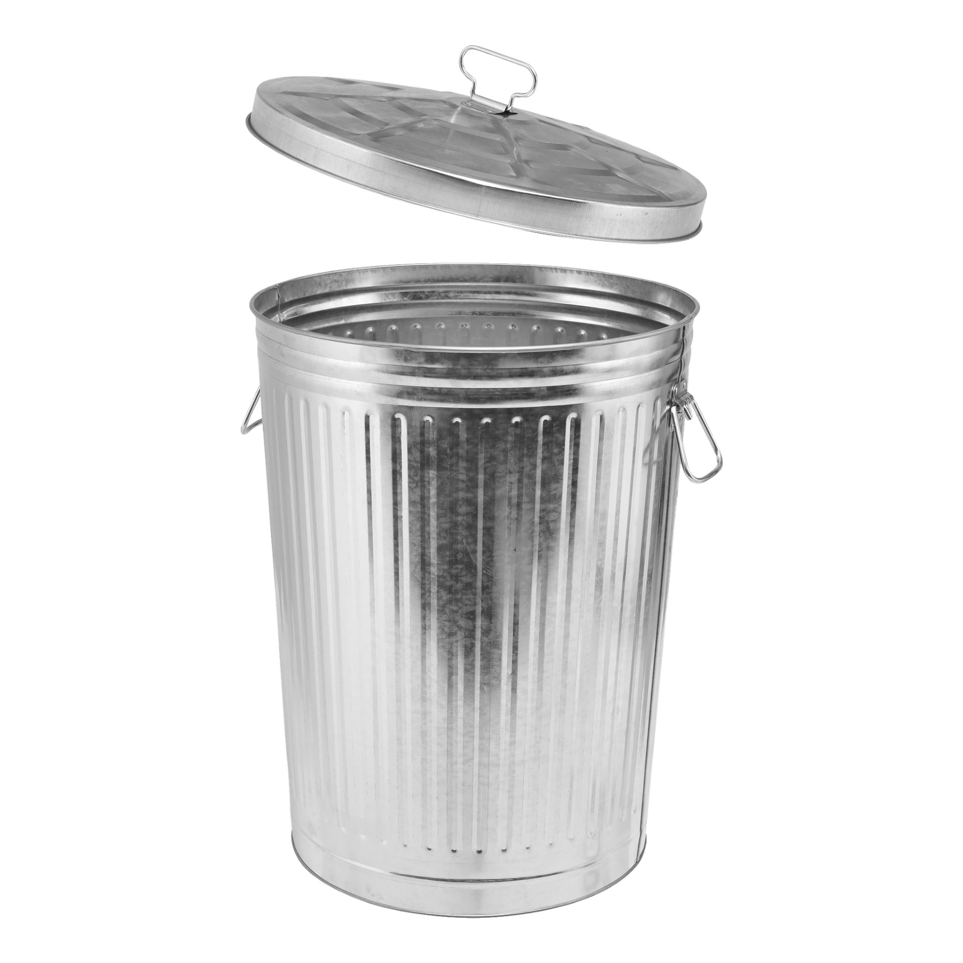 En hard head tub med sølvmetallisk finish, vertikale riller og robuste sidehåndtak vises tom. Det runde lokket svever over badekaret i en svak vinkel.