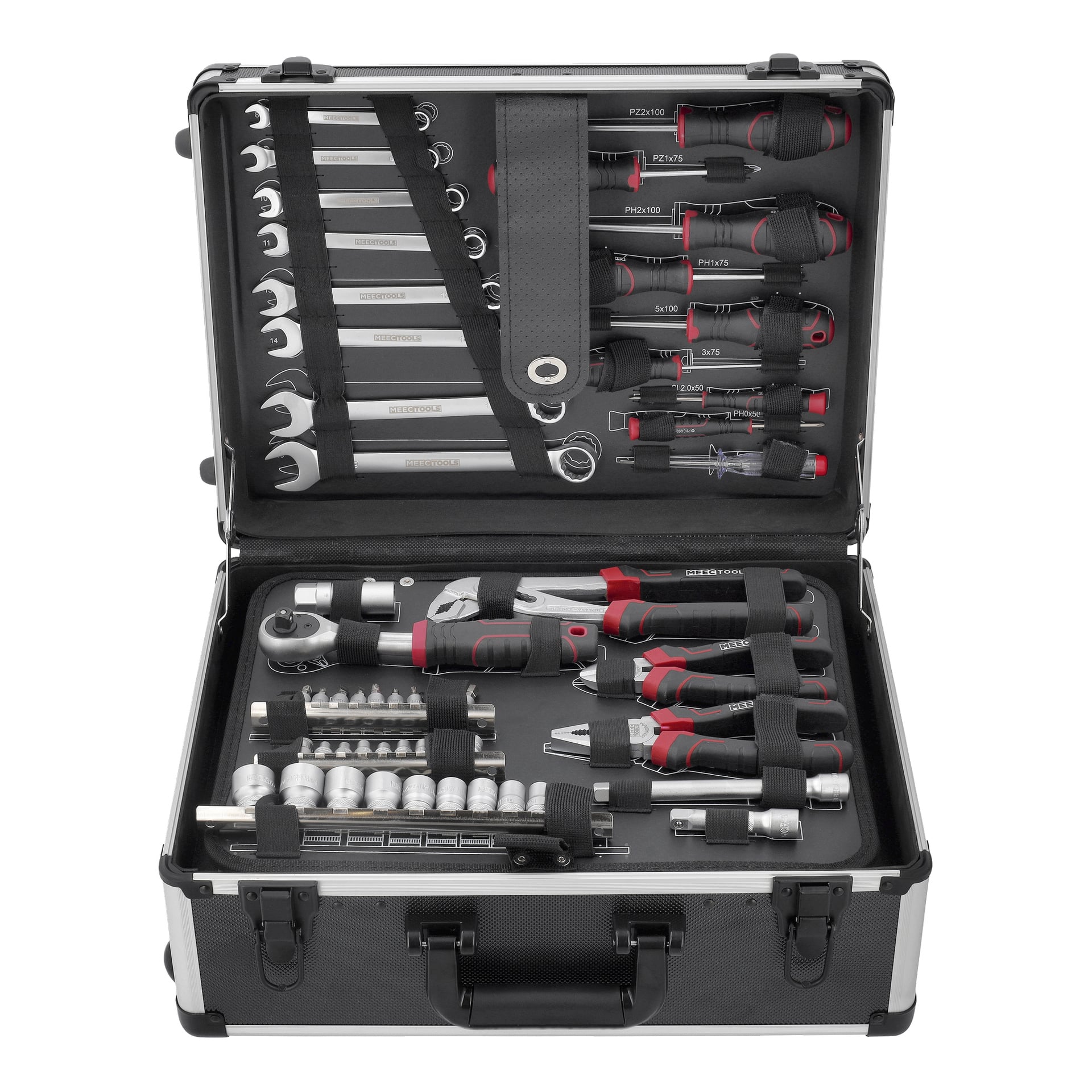 Meec Tools Tool Case med hjul rommer 139 deler i et solid svart hardt skall, og viser frem et utvalg organiserte håndverktøy som skiftenøkler, skrutrekkere, tang, skralle, piper og bits festet sikkert med stropper.