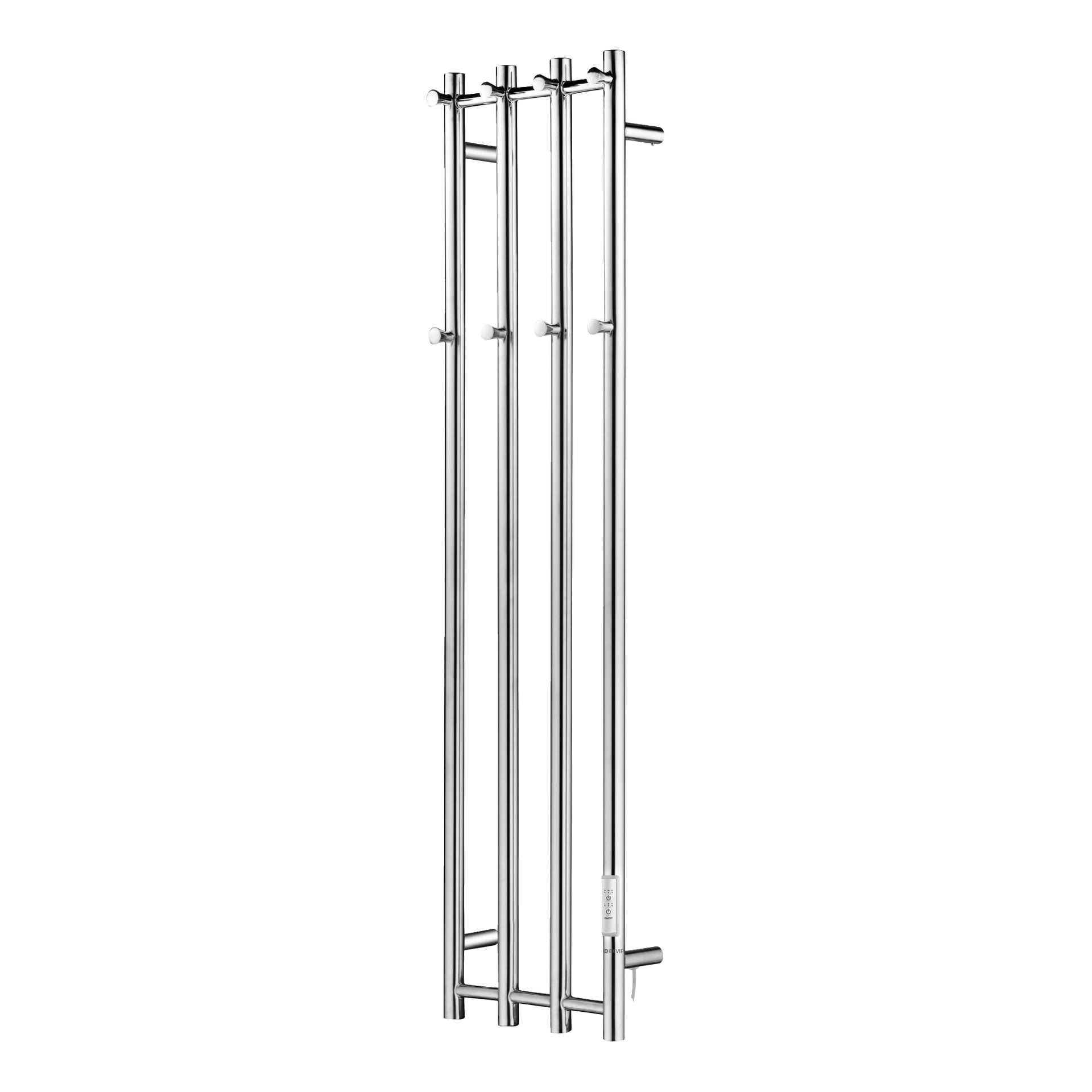 EKVIP Heated handduksräck står högt och vertikalt med en rostfri stålkonstruktion, med fyra parallella stänger, flera krokar och en kompakt kontrollpanel längst ner. Dess fristående design är gjord för badrum.