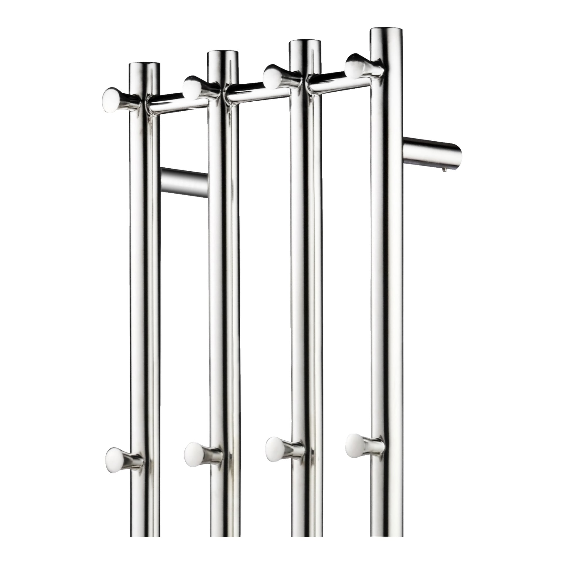 Toppen av fyra EKVIP uppvärmda handduksräcksstänger är uppradade i en rad, var och en med horisontella pinnar och en blank metallisk finish.