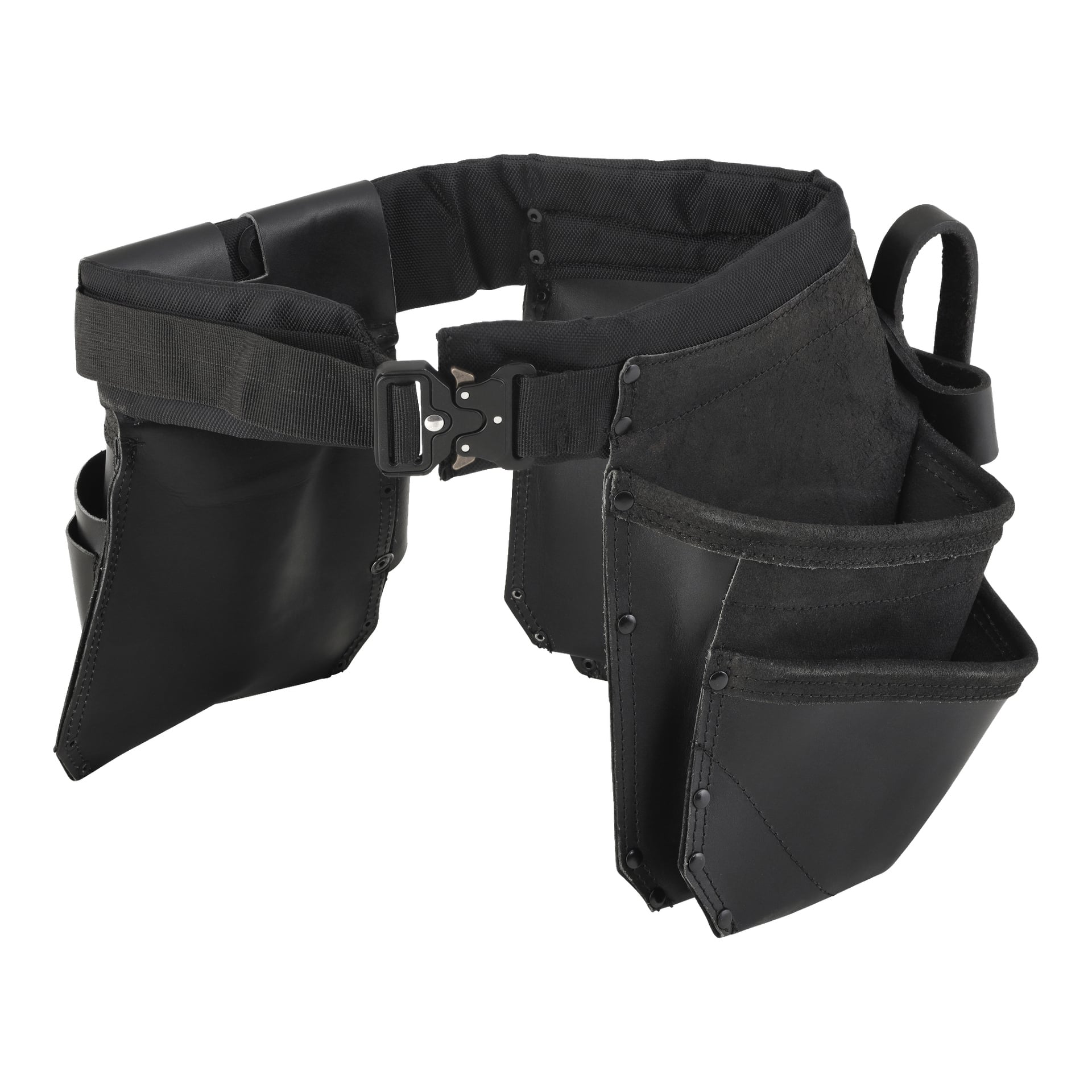 Schwarzer Leder-Bluewear-Werkzeuggürtel mit mehreren geräumigen Fächern auf jeder Seite und einer starken Metallschnalle. Er wurde für Bau- oder Handwerkernutzung gebaut, verfügt über verstärkte Nähte für zusätzliche Haltbarkeit und viele Taschen zum Organisieren von Werkzeugen und Ausrüstung.