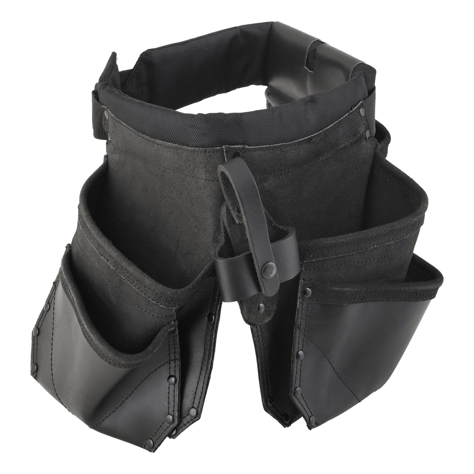 Ein schwarzer Bluewear-Werkzeuggürtel aus Leder und Stoff, der so gestaltet ist, dass er um die Taille passt, mit mehreren geräumigen Taschen und Fächern zum Aufbewahren von Werkzeugen und Ausrüstung.
