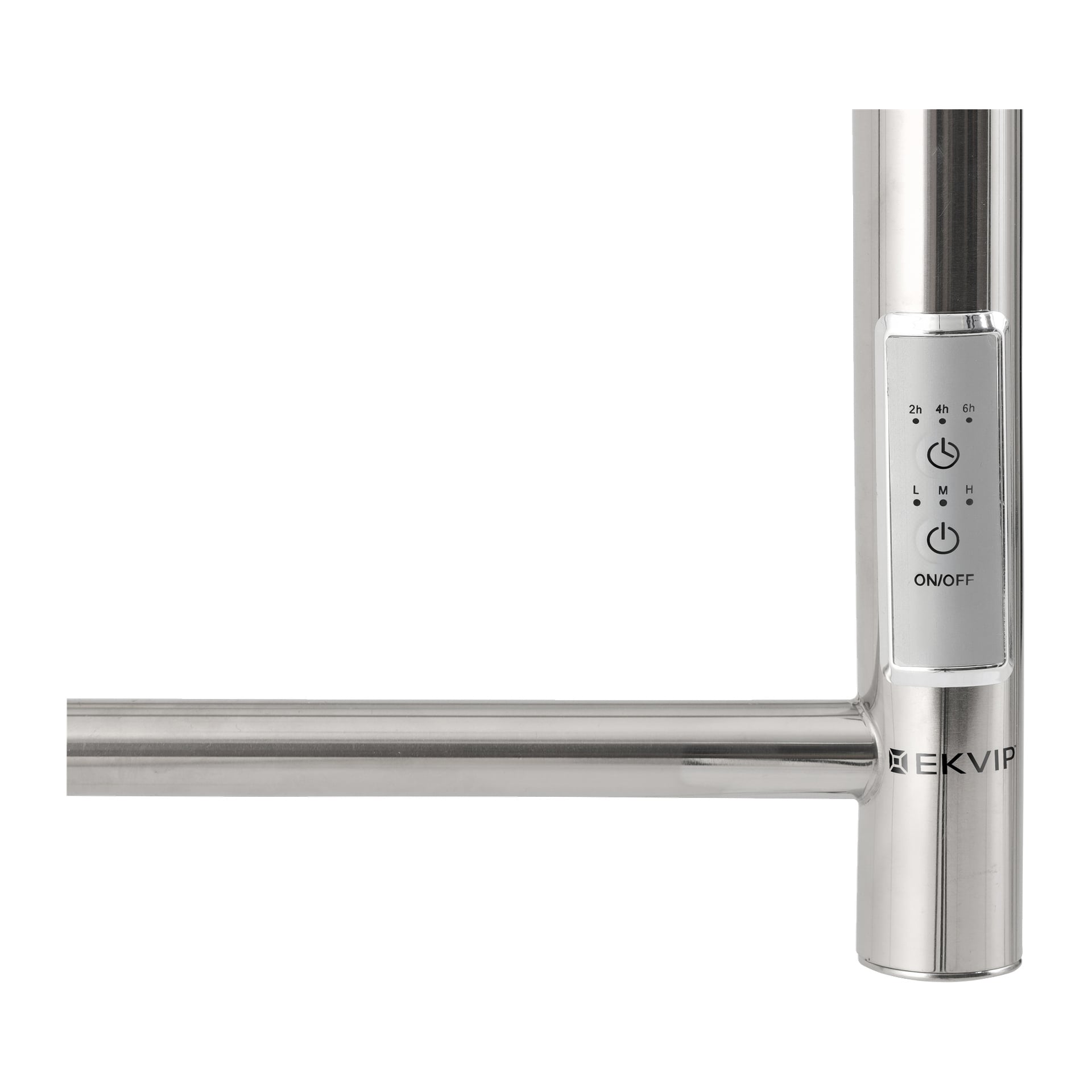 Närbild av en handdukstork i rostfritt stål med en kontrollpanel med timer, värmeinställningar, på/av-knapp och EKVIP-märkning.