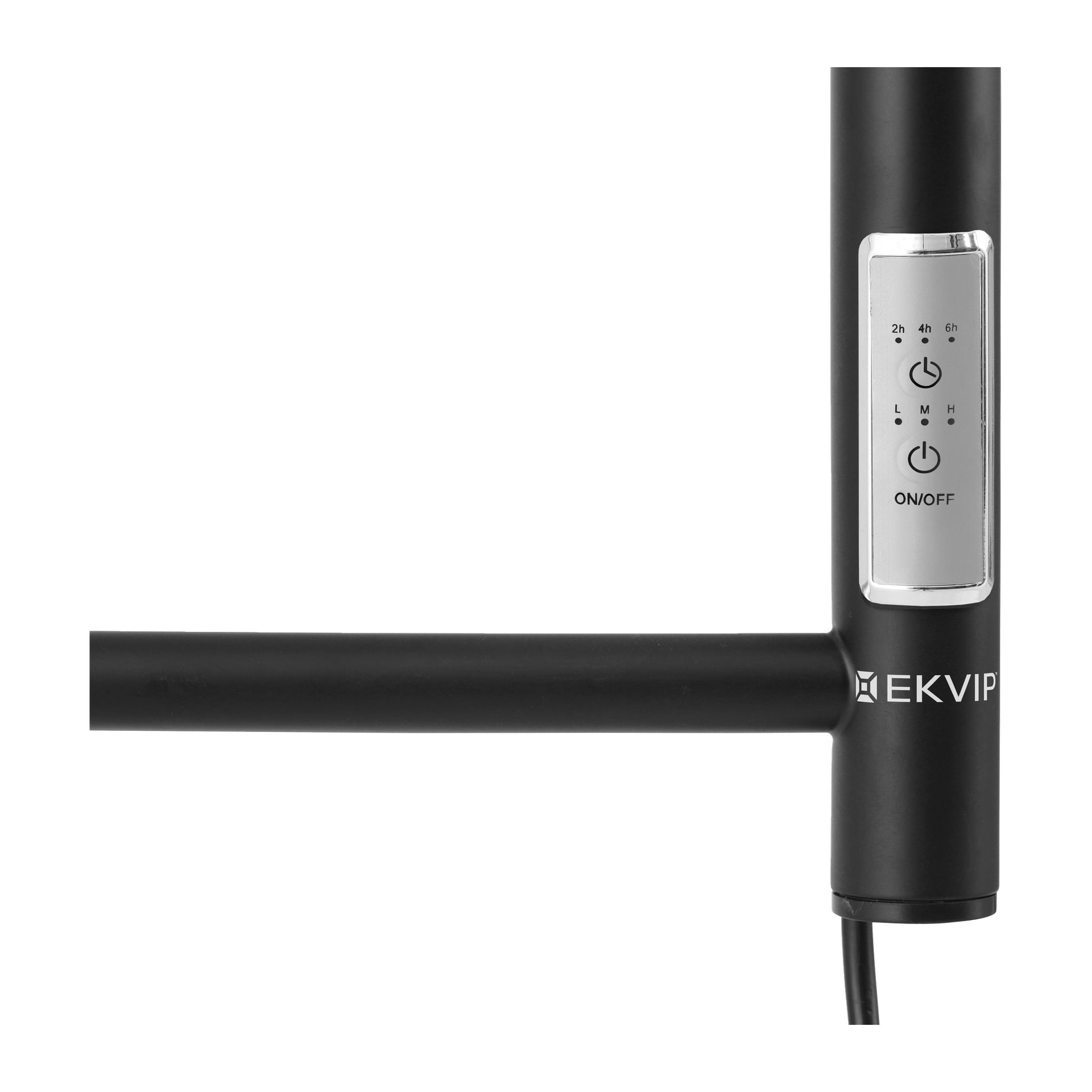 Svart EKVIP-enhet närbild som visar silverpanel med ström- och timerknappar, 2h/4h/6h-indikatorer och nedre nätsladd.