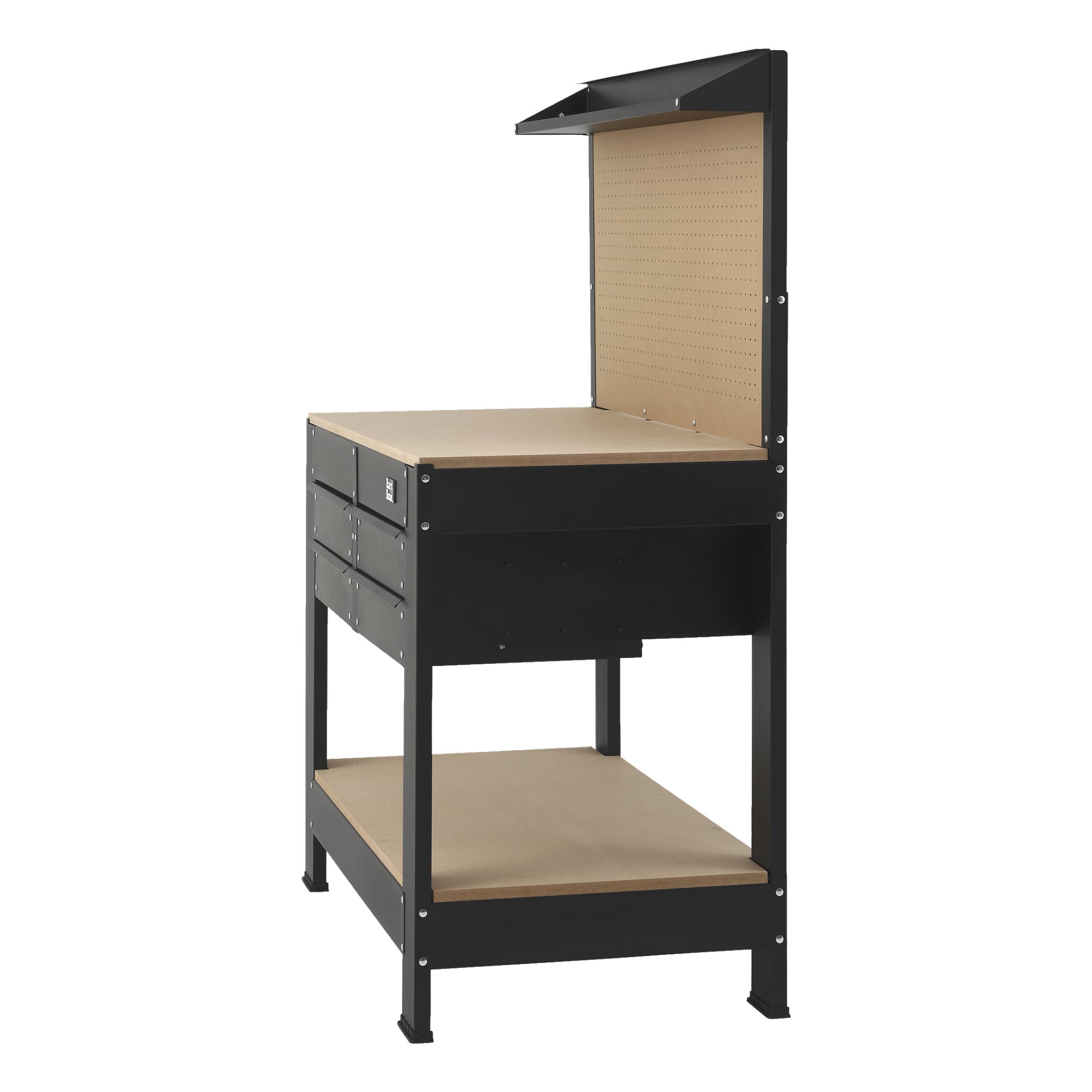 En svart Hard Head Workbench med verktygspanel har tre lådor, en pegboard-baksida, en övre hylla och en nedre hylla. Den vinklade vyn visar arbetsbänken tom.