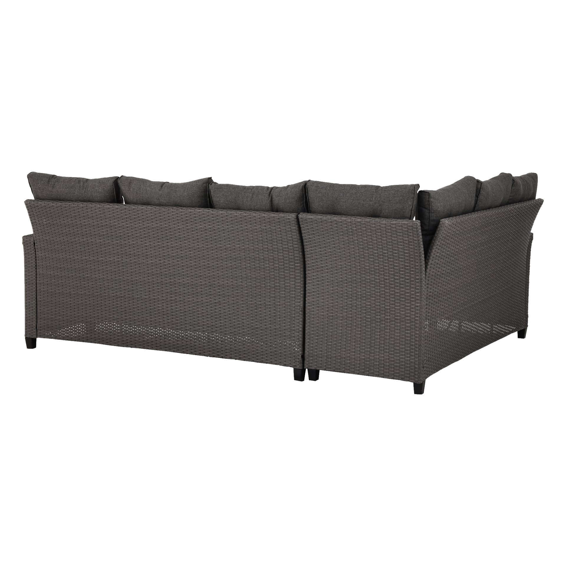 En grå, L-formad EKVIP Furniture tvådelad utomhussoffa har en vävd rattanram och mörkgrå sitt- och ryggdynor, synliga bakifrån och vinklade något åt sidan.