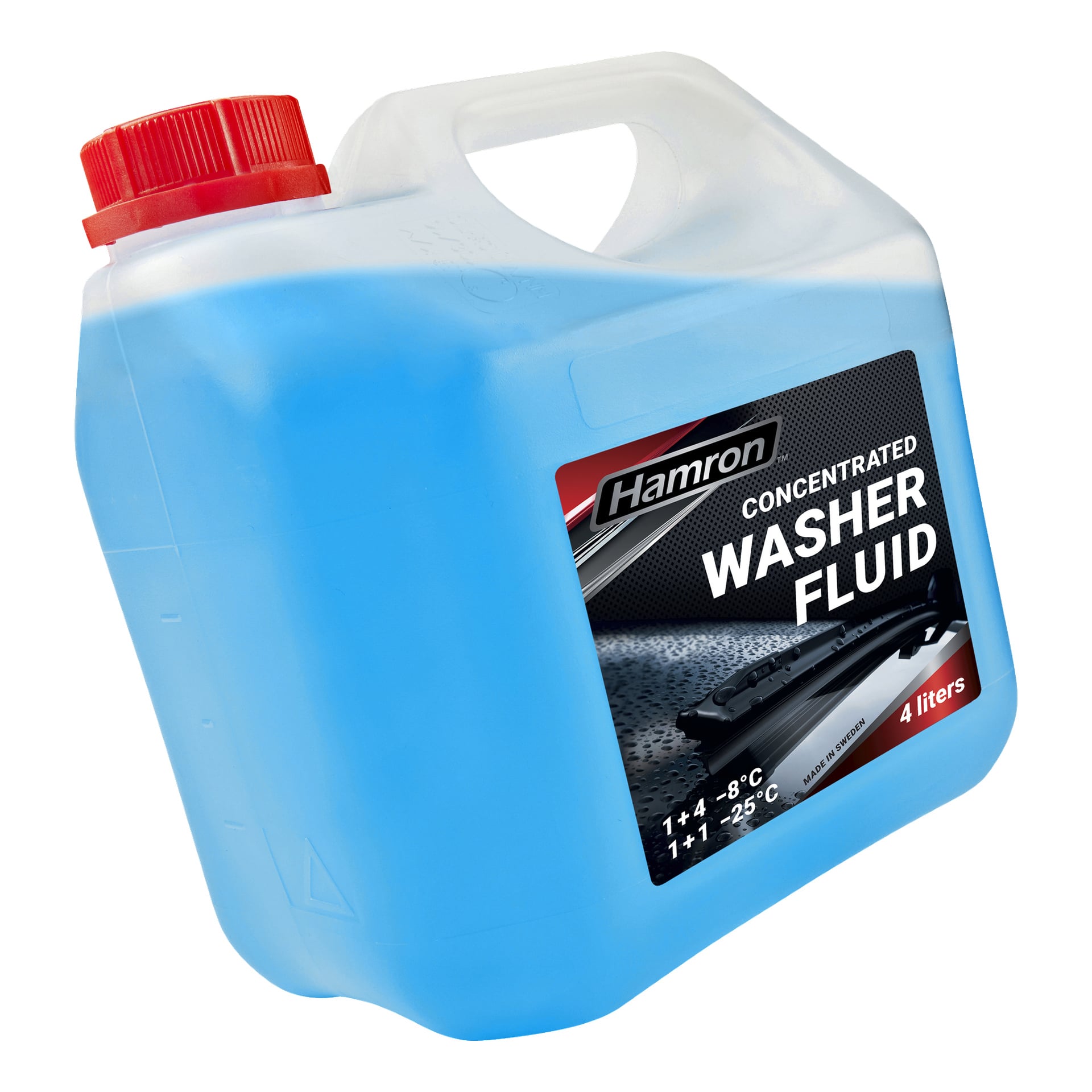 En 4-liters Hamron koncentrerad diskvätskebehållare med röd lock och genomskinlig plast som visar blå vätska. Etiketten innehåller temperaturklassningar och en illustration av ett torkarblad.