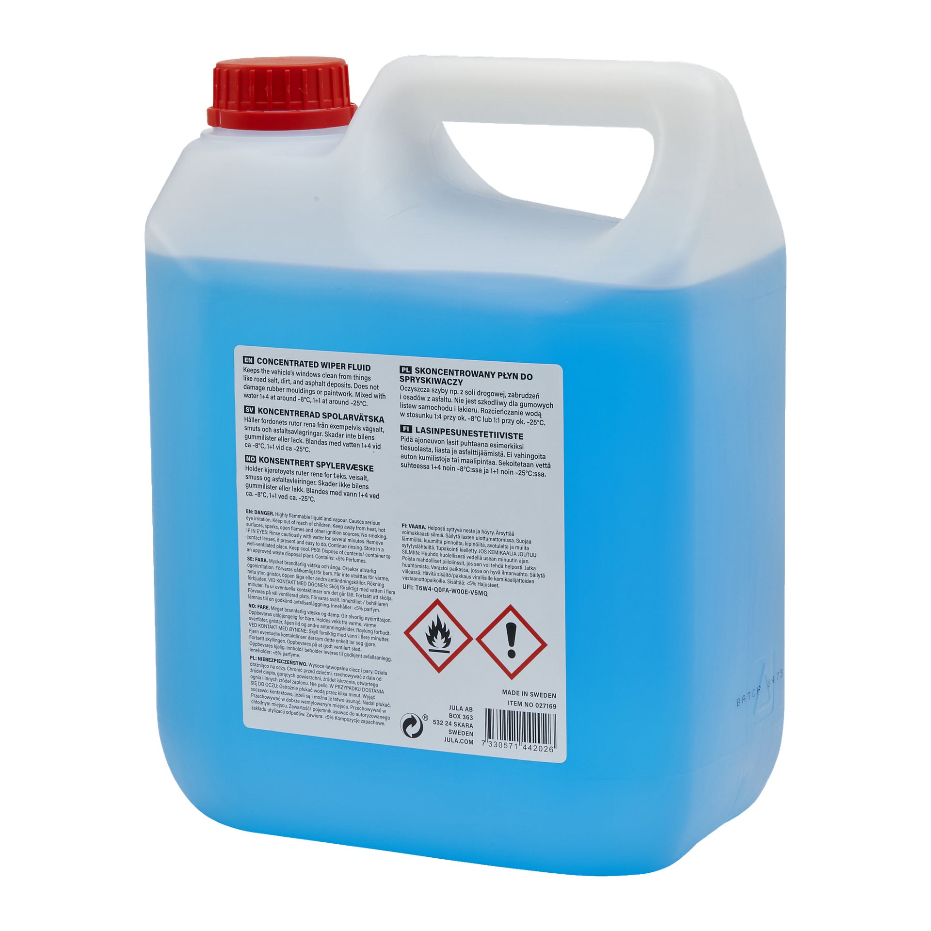 En stor plastbehållare med Hamron Concentrated washer-vätska med röd lock och inbyggt handtag, fylld med blå vätska. Etiketten innehåller produktinformation och visar farosymboler som varnar för brandfarlighet och hälsorisker.
