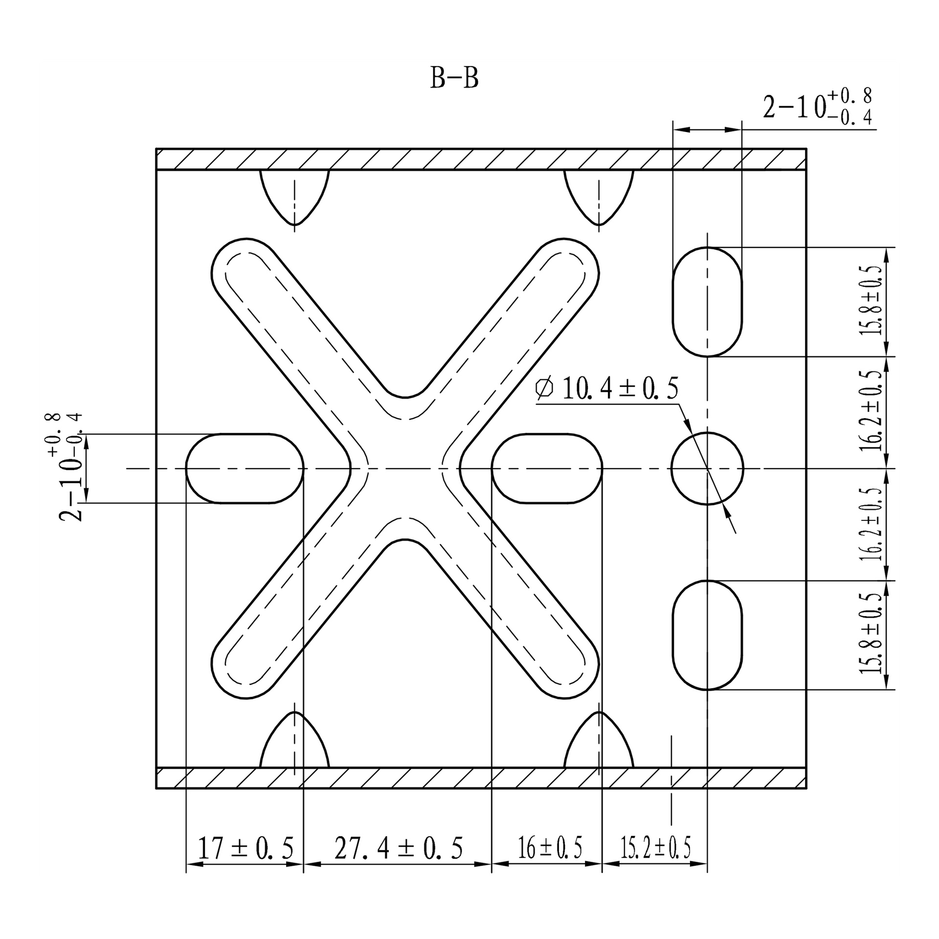 Teknisk diagram som visar en Hamron handvinschplatta med slät rundade hörn, en X-formad öppning i mitten, fyra runda hål och tre förlängda rundade rektangulära spår. Mätningar och toleransvärden markeras tillsammans med kanter och nyckelelement.