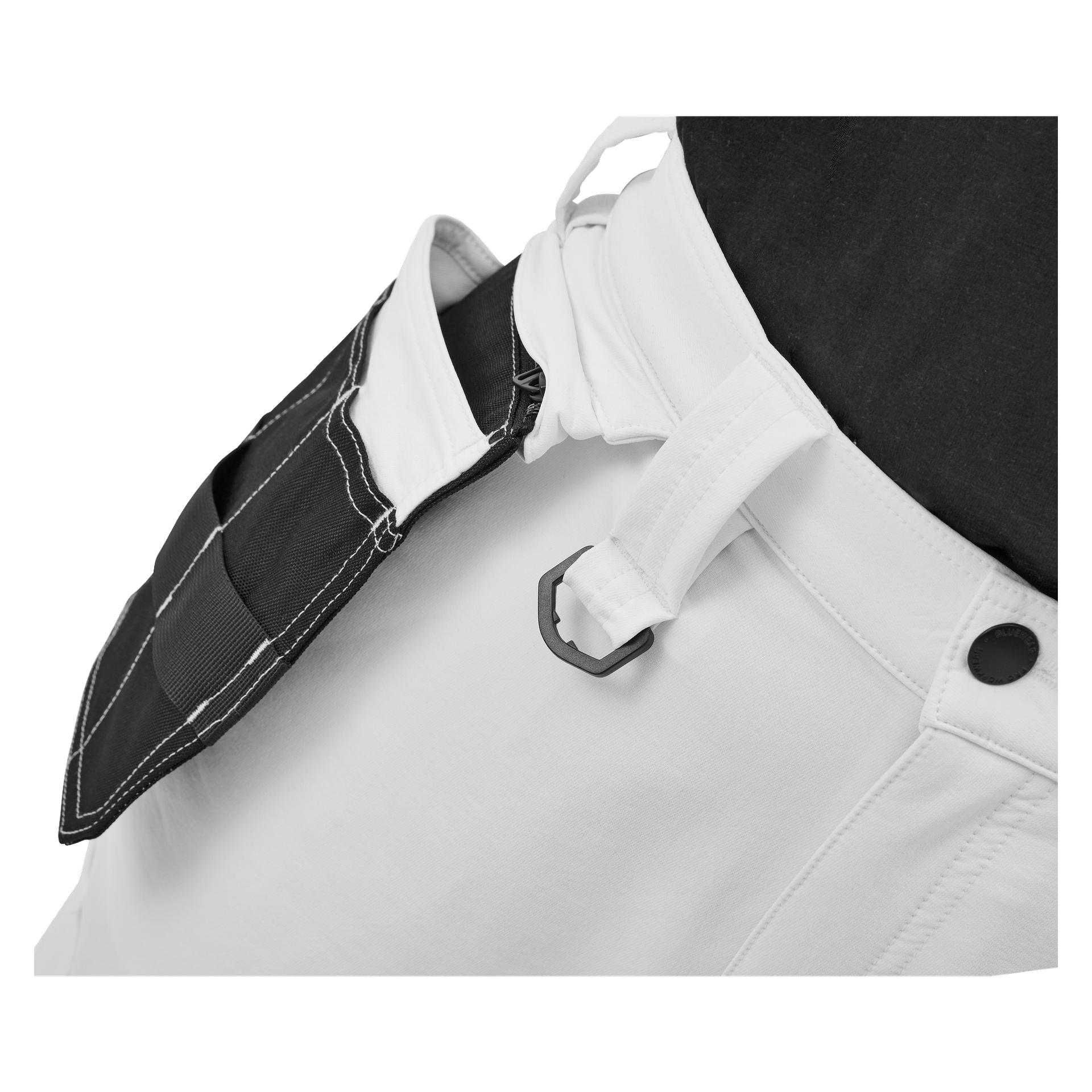 Närbild på en person i Bluewear Pro Workwear Women's work pants Stella, tillsammans med ett svart bälte och en svartvit ficka. Synliga detaljer inkluderar sömmar, bältesögla, spänne och knapp.