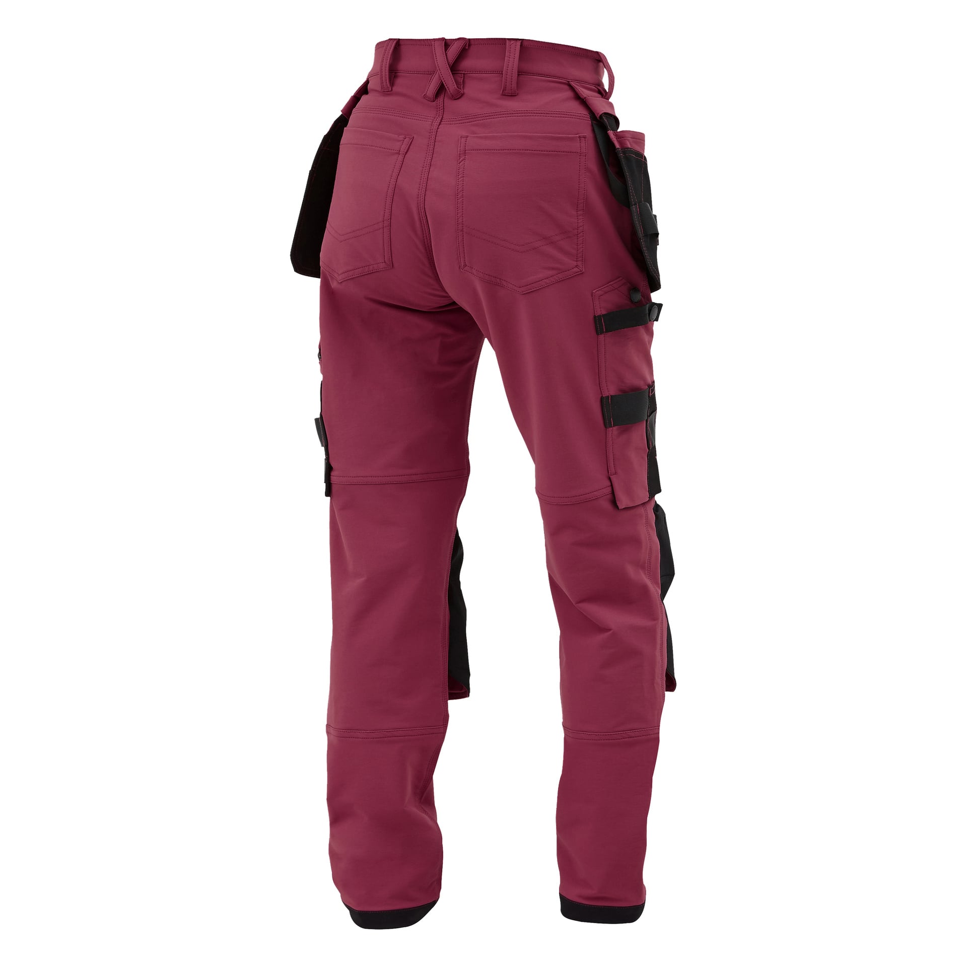 Damenarbeitshosen Stella von Bluewear Pro Workwear in Maroon, von hinten sichtbar mit schwarzen Taschendetails, Gürtelschlaufen und verstärkten Abschnitten.