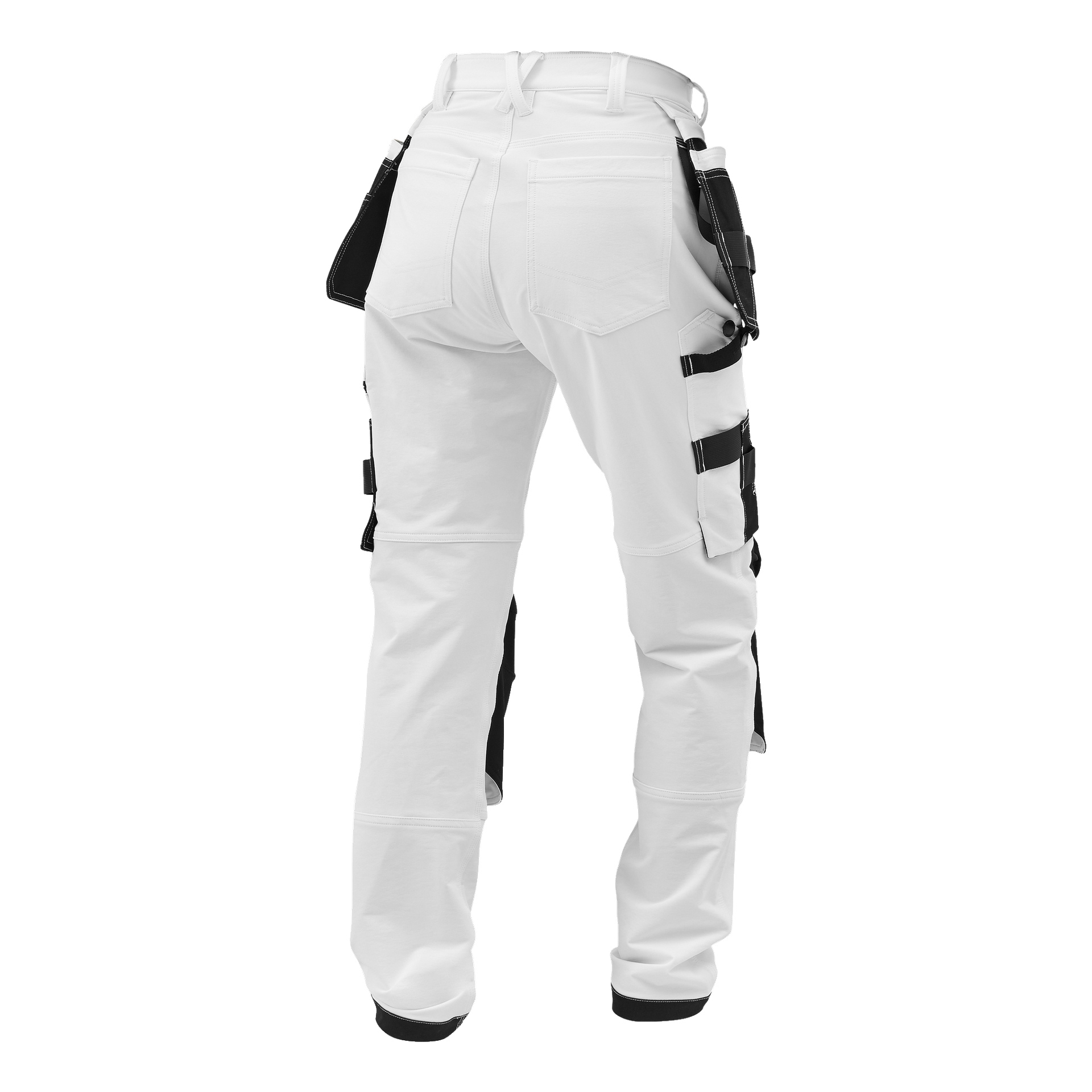Person sedd bakifrån iklädd Bluewear Pro Workwear Women's work pants Stella i vitt med svarta verktygshölster, flera sidofickor, förstärkta sömmar och skräddarsydd passform.