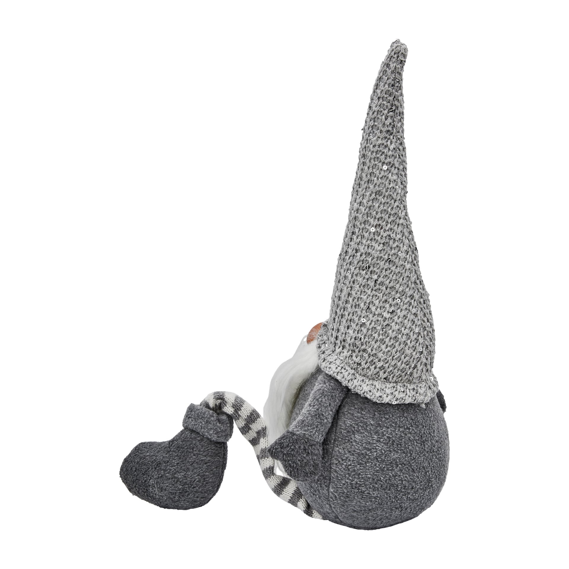 Tomten med hängande ben från EKVIP har en mjuk grå kropp, randiga ben, stora grå stövlar och en hög spetsig hatt med texturering som täcker ögonen.