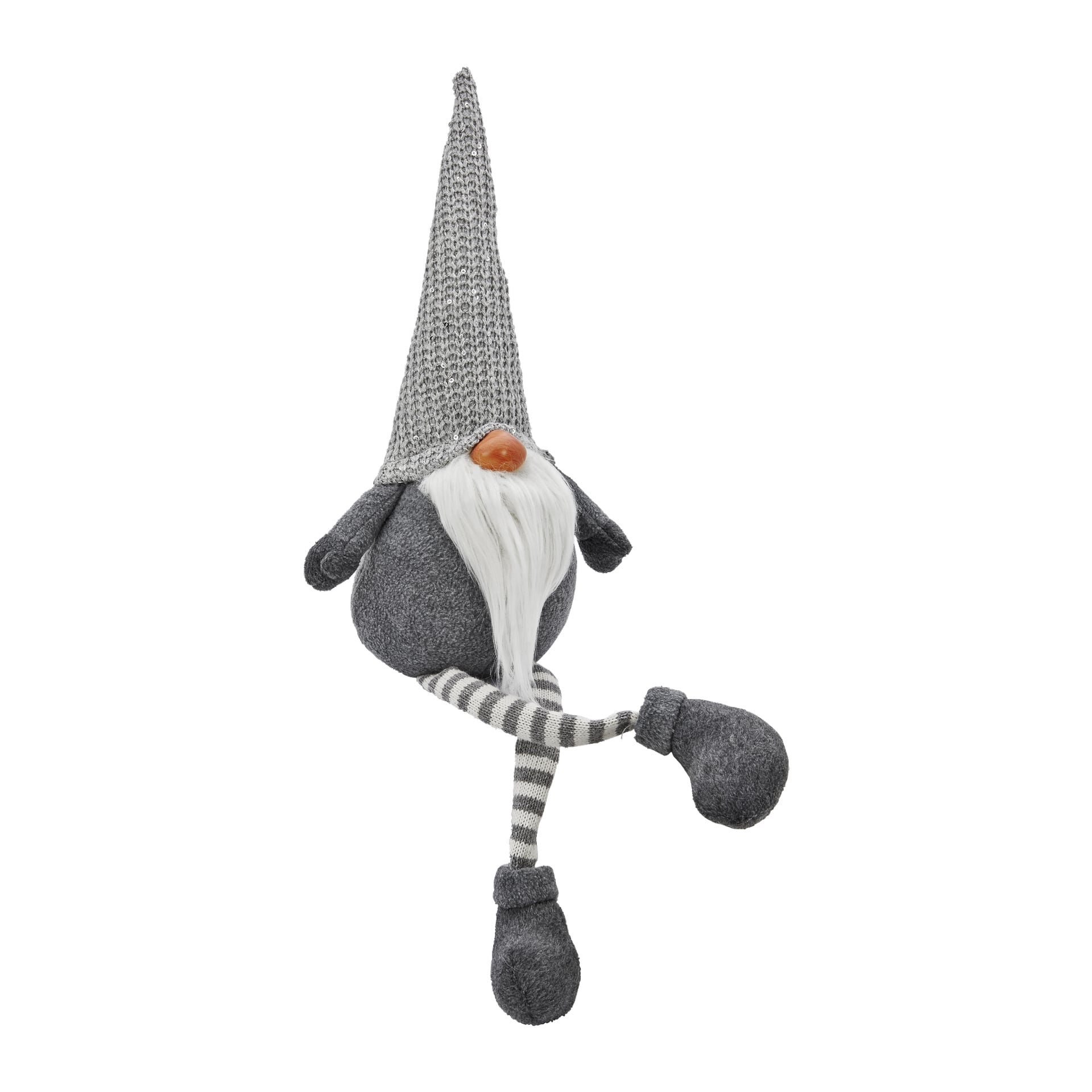 EKVIP Santa med hängande ben har en mjuk tomte med en hög grå stickad mössa, långt vitt skägg, orange näsa, randiga ben, grå vantar och skor, och ett ben korsat över det andra.
