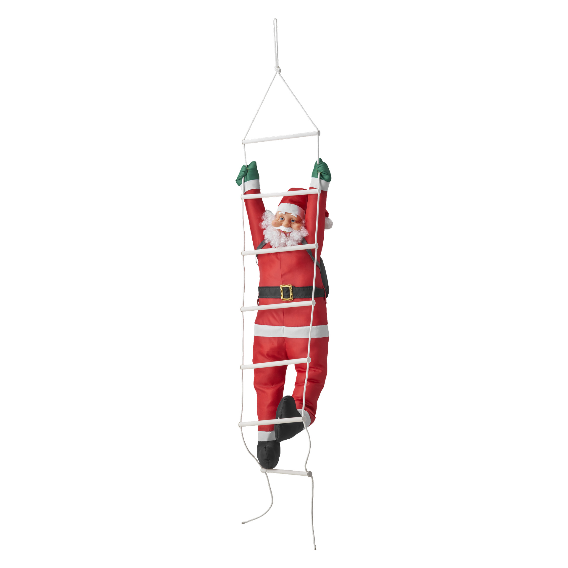 EKVIP Climbing Santa-dekorationen visar tomten i en röd dräkt med svarta stövlar, ett svart bälte med ett gyllene spänne och gröna handskar som klättrar uppför en vit repstege som hänger vertikalt från toppen i ett snöre.