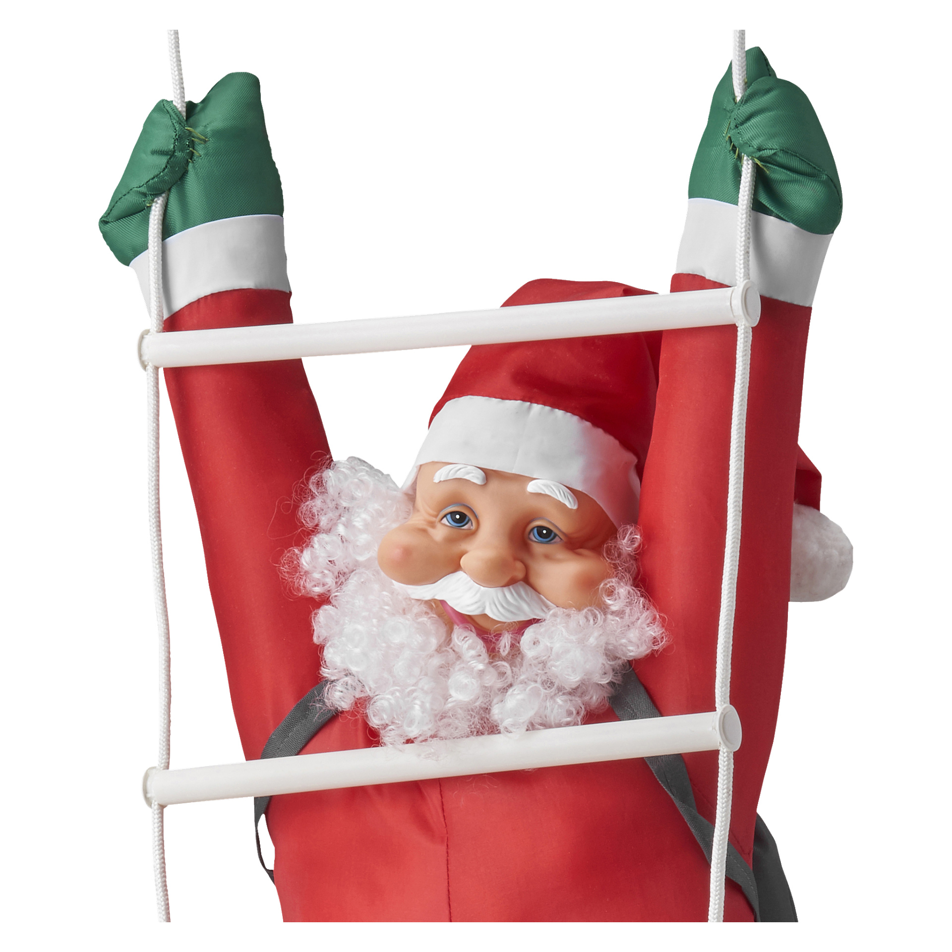 EKVIP Climbing Santa visar en glad karaktär i röd kostym och hatt, med lockigt vitt skägg och gröna handskar, som klättrar uppför en vit repstege. Scenen är starkt upplyst.