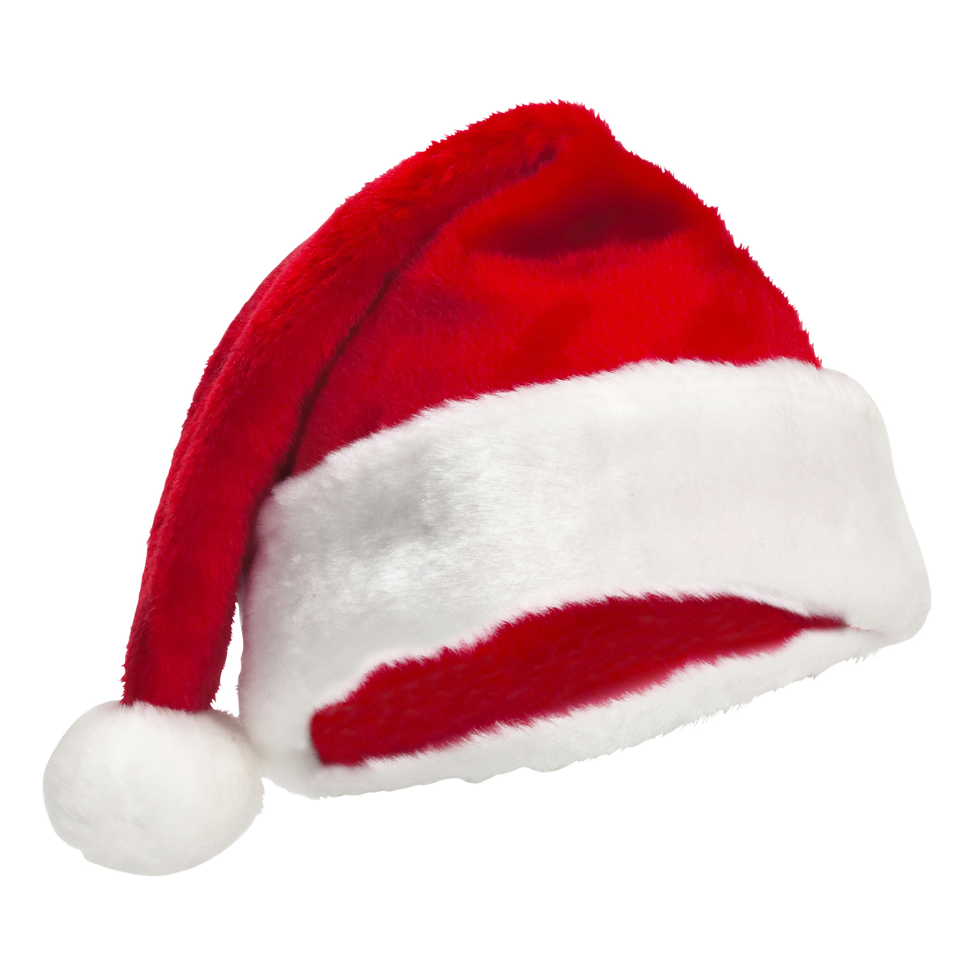 Eine rote EKVIP Santa-Mütze mit weißem, flauschigem Rand und einem weißen Pompon an der Spitze.