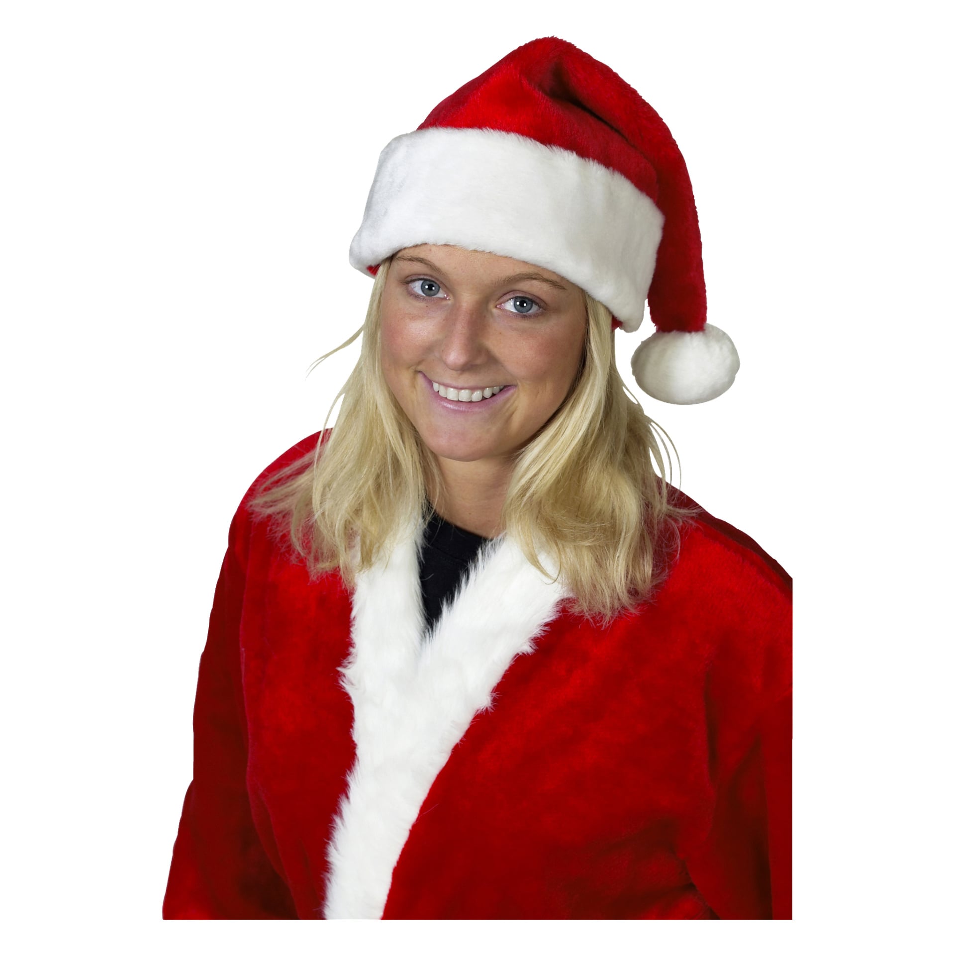 En person med långt blont hår ler, bär en EKVIP-tomtemössa och en röd julkappa med vit kant.