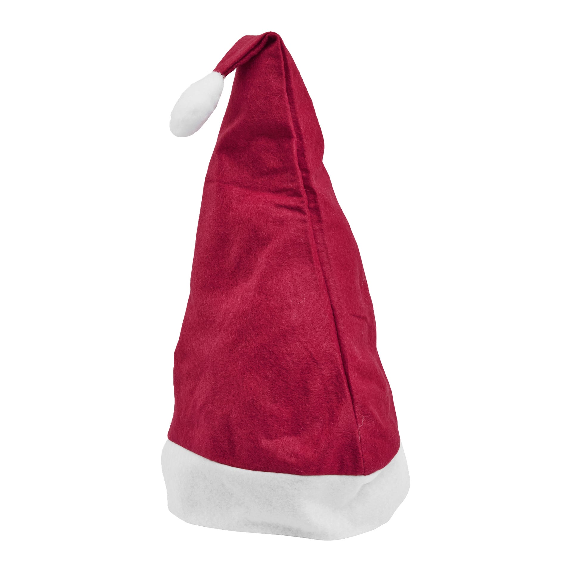 En röd EKVIP tomte-dräkthatt med vit kant i basen och en fluffig vit pompon på toppen. Hatten står upprätt och visar mjuka tygveck.