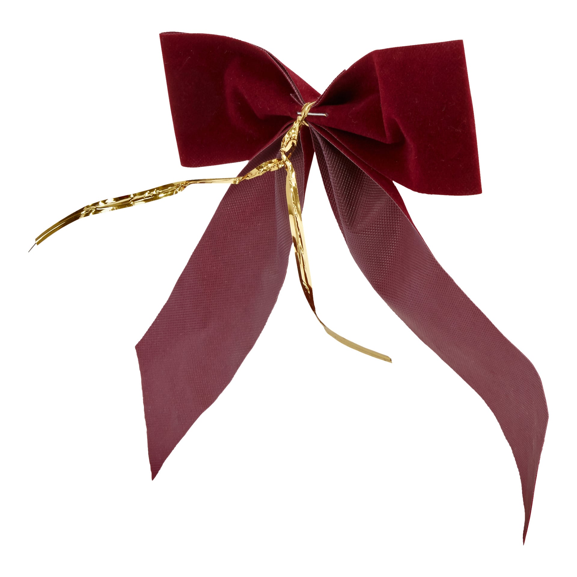 EKVIP Rosettes 4-pack innehåller burgundiska tygrosetter med två långa svansar och ett smalt guldband i mitten.