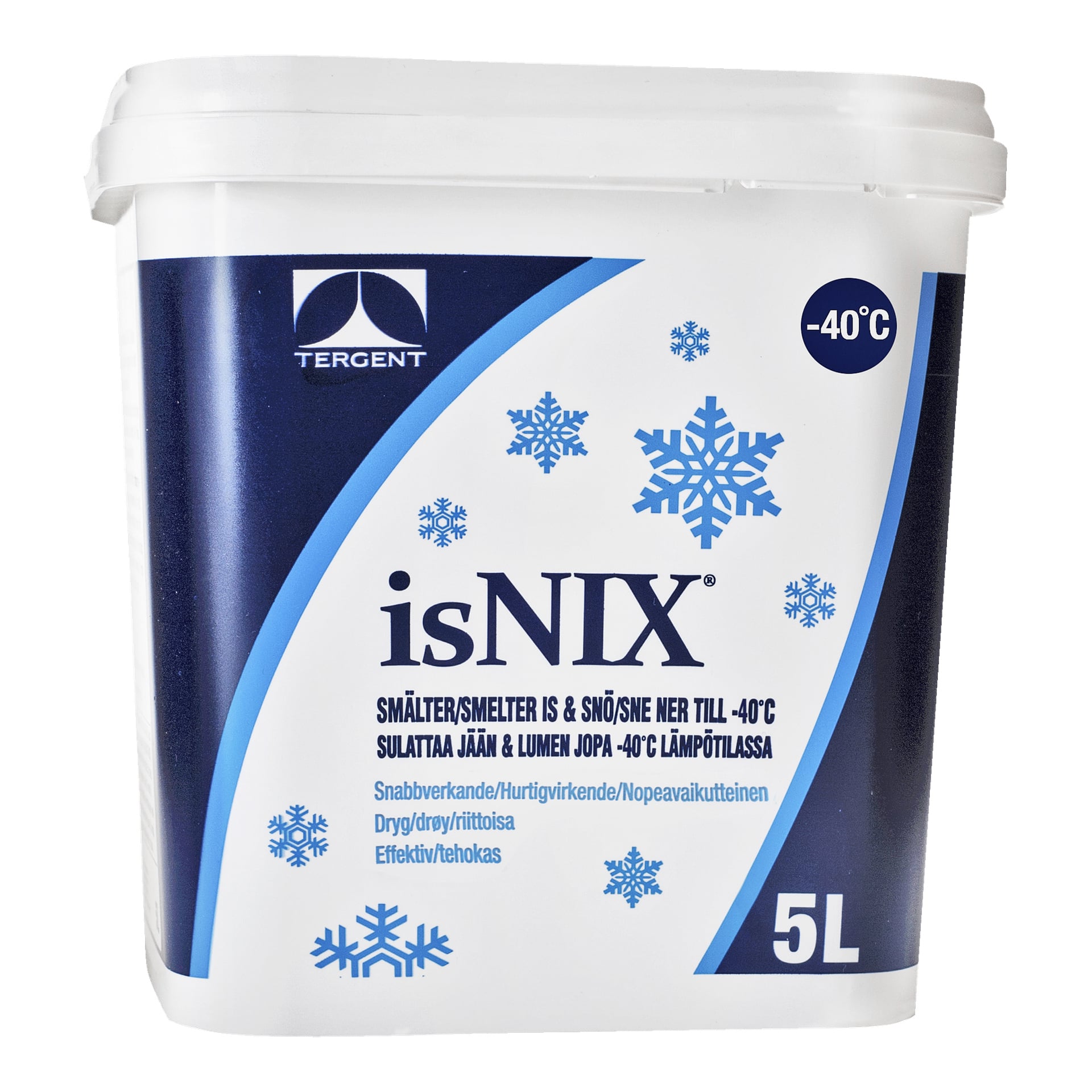 En 5-liters vit plastkanna med isNIX Ice and Snow Melting Agent från Tergent, med stadigt handtag och dekorerad med blå snöflingor. Behållaren visar text som framhäver dess förmåga att smälta is och snö ner till -40°C, med Tergent-varumärket placerat högst upp.
