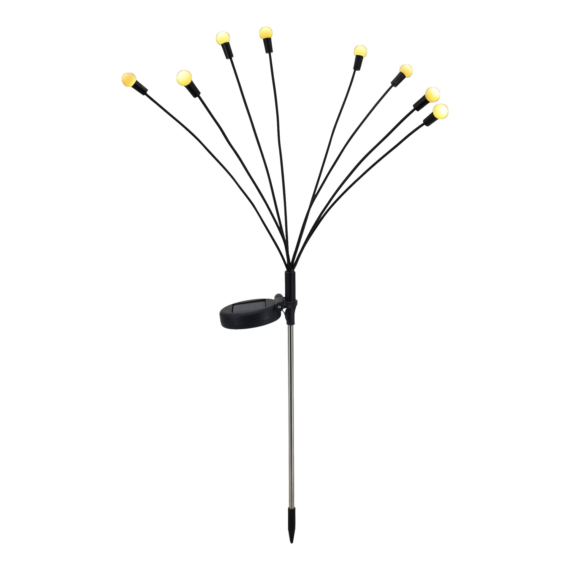 Anslut solcellslampa LED Firefly har åtta böjbara svarta stjälkar, var och en slutar i en gul LED-lampa, och levereras med en metallpåle för att placera i marken. En solpanel är fäst nära mitten för att driva lamporna.