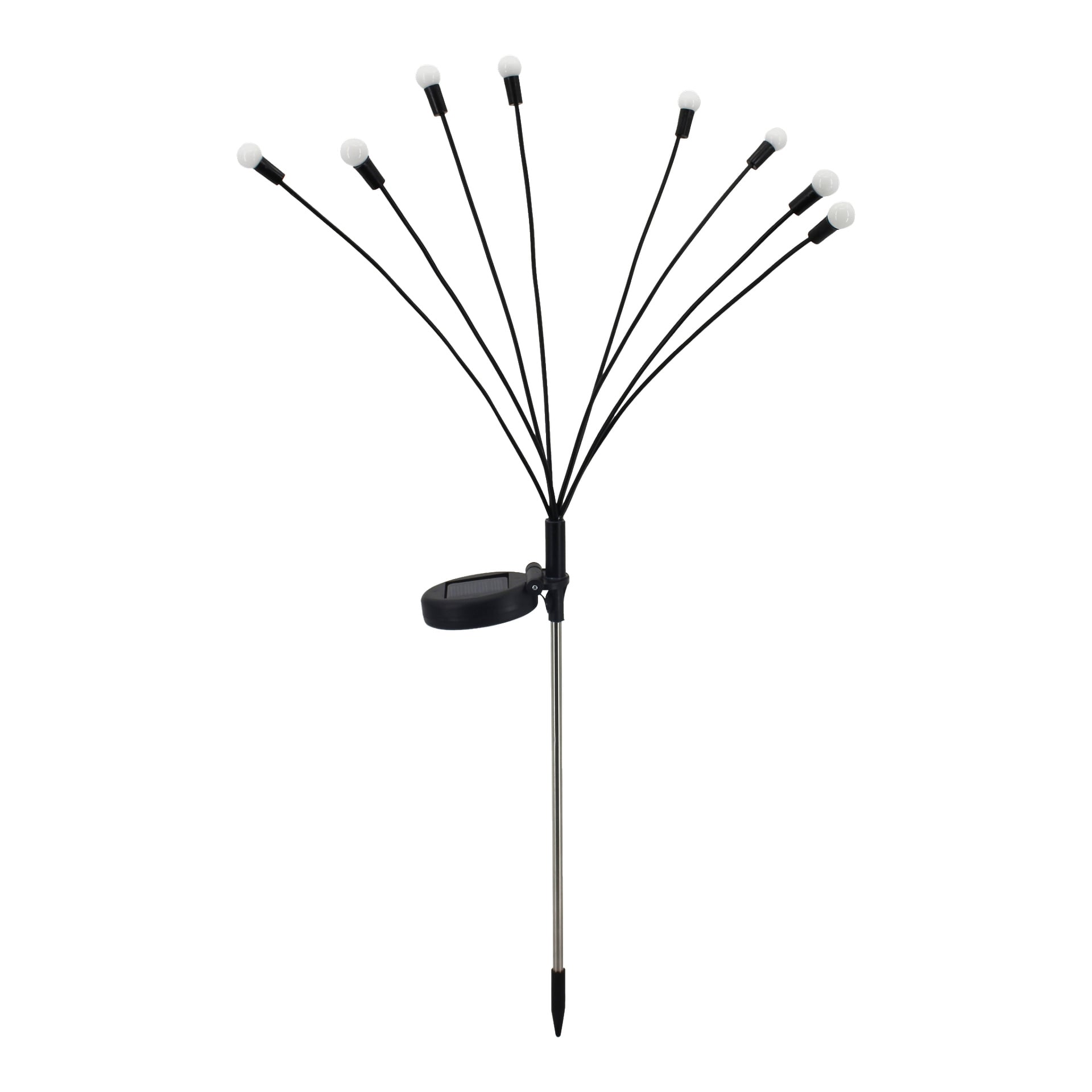 Anslut solcellslampa LED Firefly har åtta böjbara svarta armar, var och en slutar med en liten vit lampa, fäst vid en metallpåle avsedd för enkel utomhusinstallation.