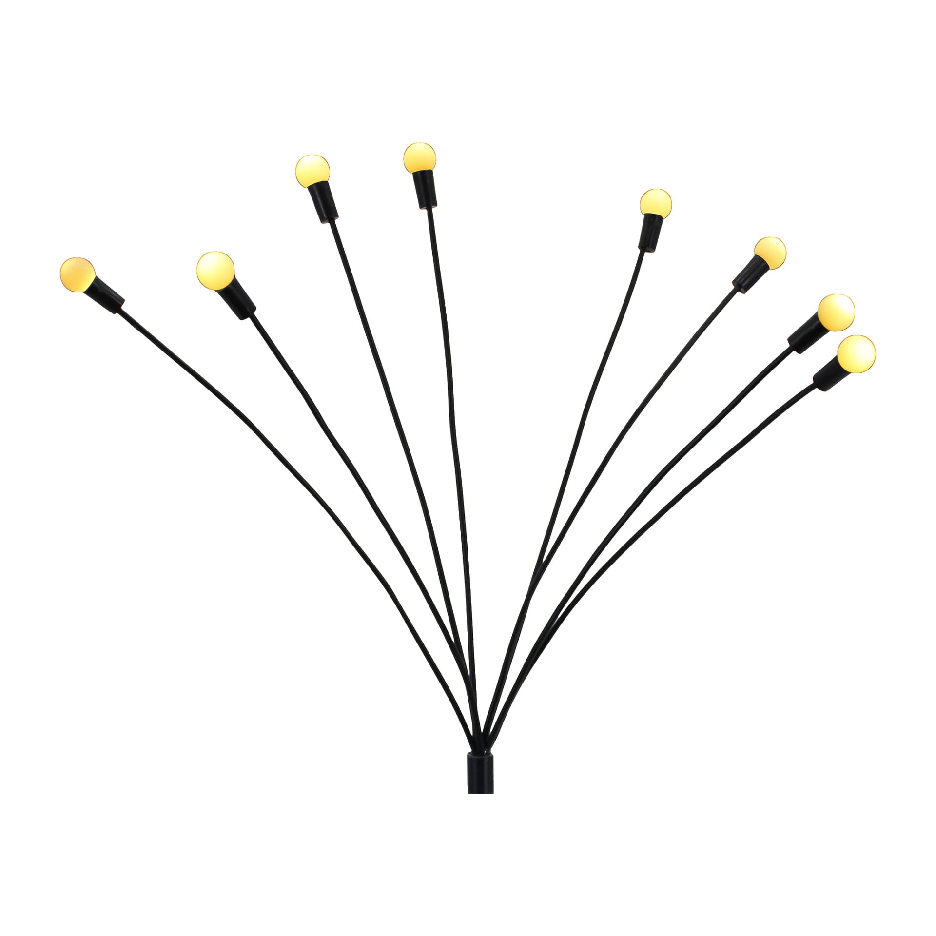 Åtta svarta armar på Anslut Solar Cell Light LED Firefly sträcker sig utåt i en fläktformation, var och en avslutande med en ljus rund gul lampa.
