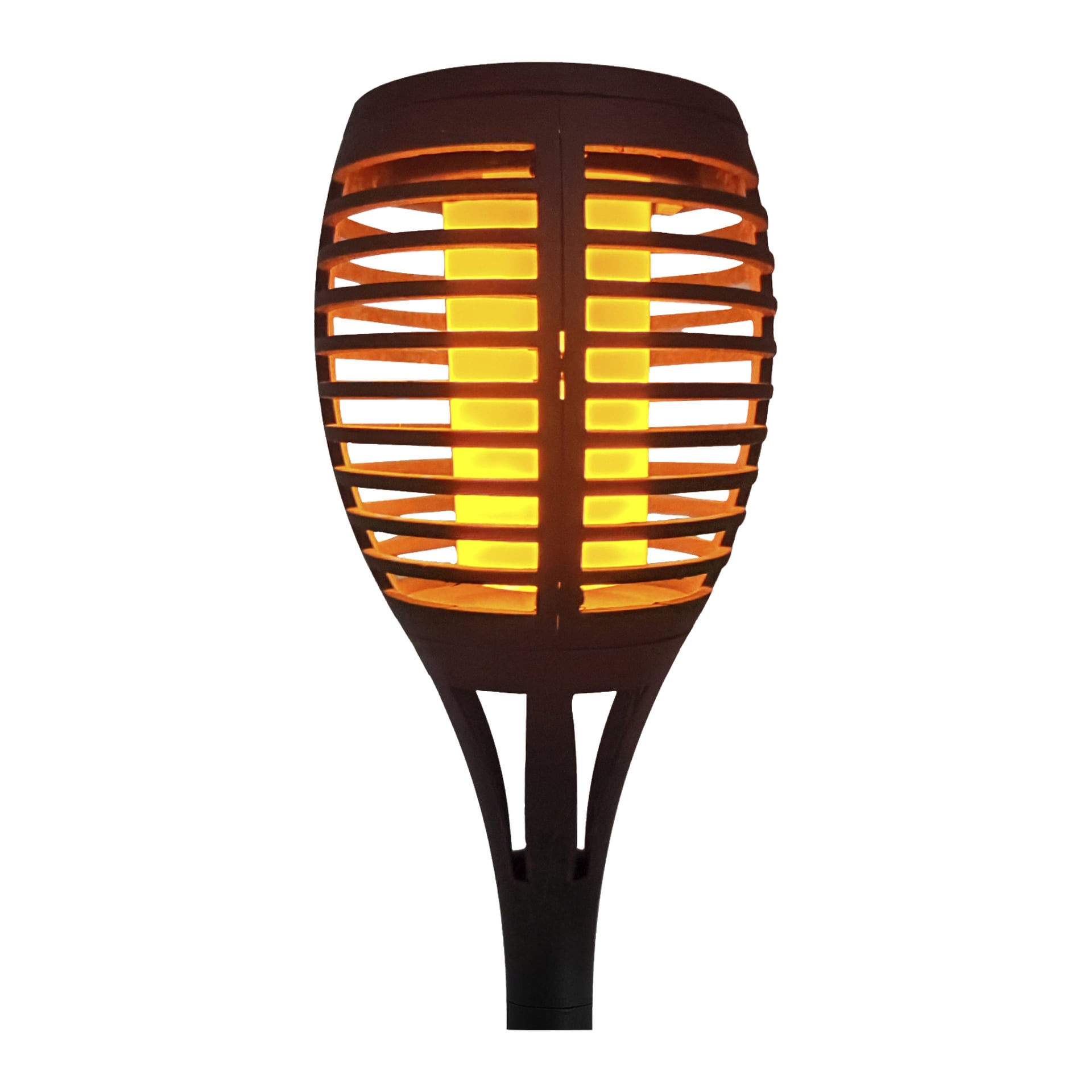 En närbild av Anslut Solarcells LED-lampa, som visar dess svarta ovalformade hus med lamellerdetaljer och en orange-gul LED som lyser inuti.