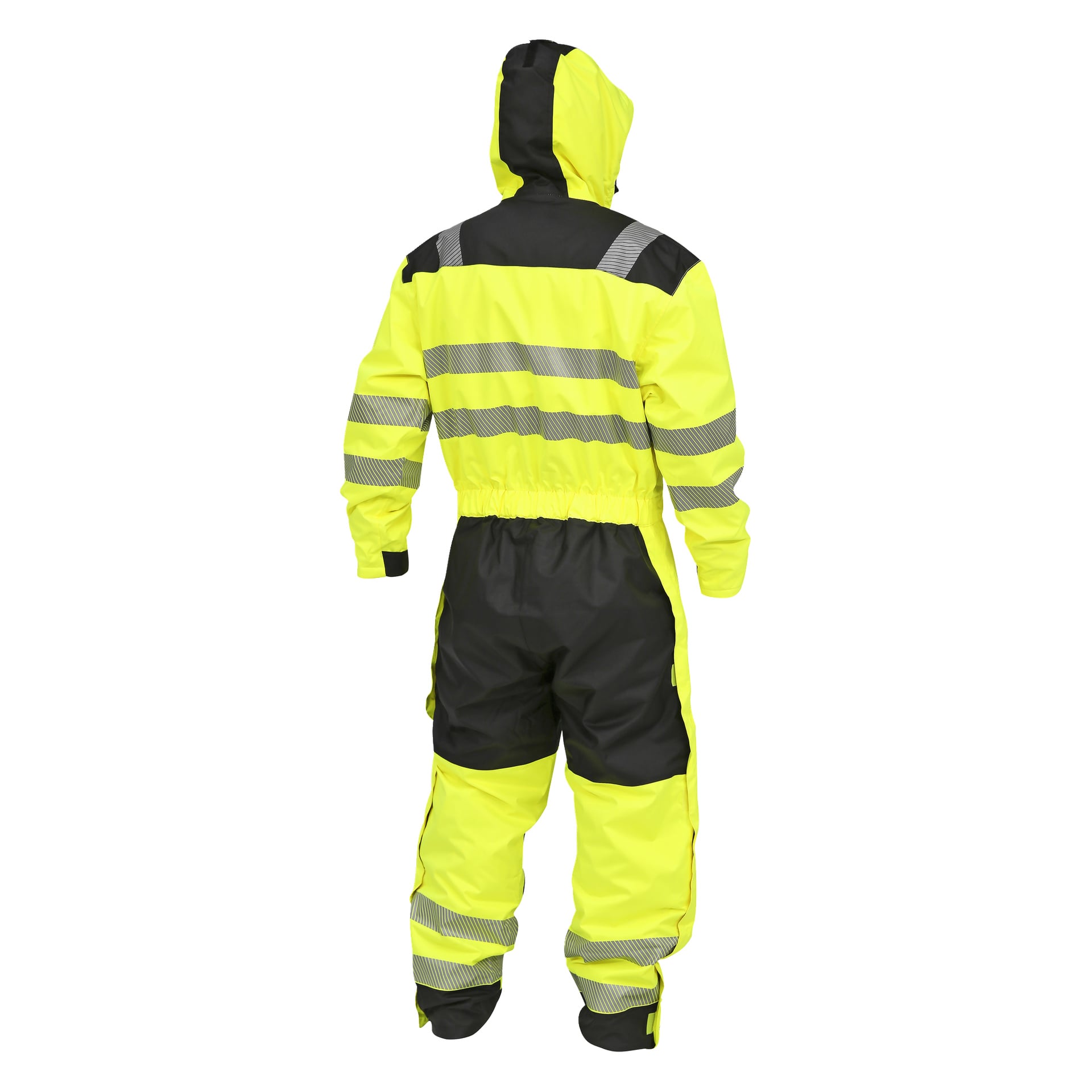 En person som bär Bluewears Varseloverall varmfodrad - en gul och svart varseloverall med reflexer, huva och resår i midjan, handlederna och vristerna - ses bakifrån.