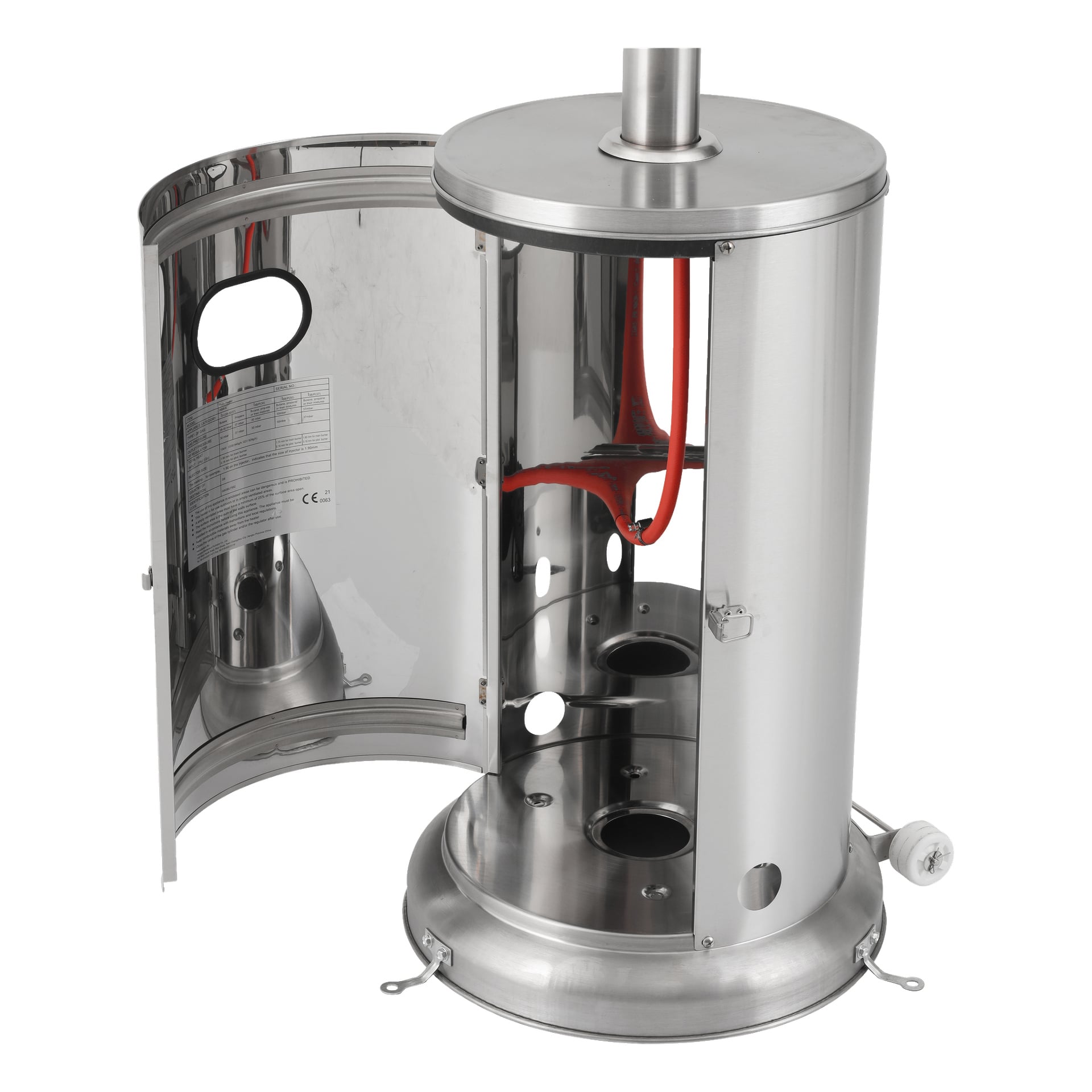 Anslut gasvärmare i rostfritt stål med öppen dörr, vilket blottar det inre facket och synliga röda ledningar. Den cylindriska designen står på en bred bas och har en glänsande, reflekterande yta.