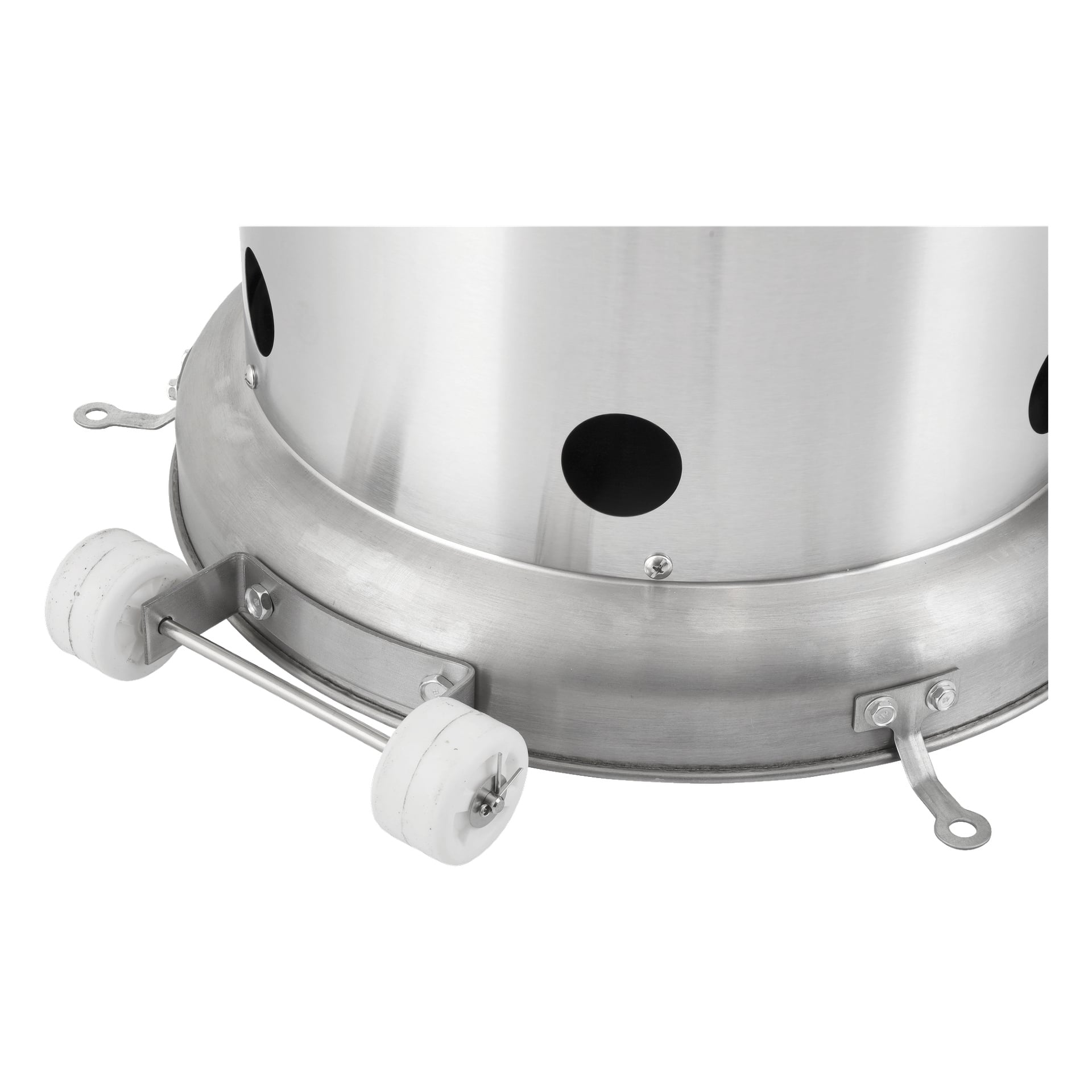Detaljerad vy av den nedre delen av Anslut Gas utevärmare, med sin rostfria yta med ventilationshål och två vita hjul fästa vid ett stadigt metallfäste för enkel rörelse.