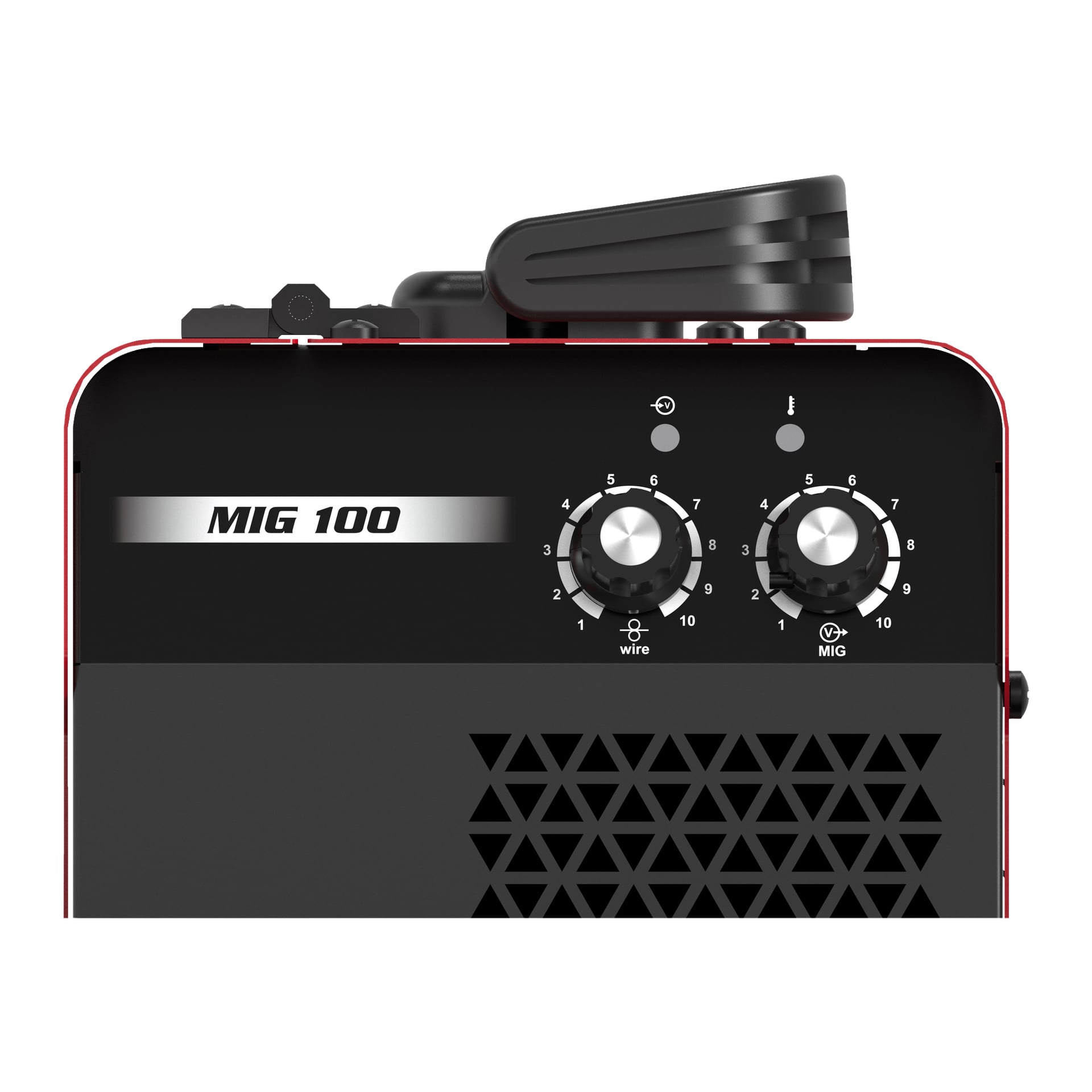 Detaljerad vy av Meec Tools MIG 100-svetsarens kontrollpanel, som visar två märkta justeringsrattar för tråd och MIG, tillsammans med triangulära ventilöppningar på maskinens framsida.