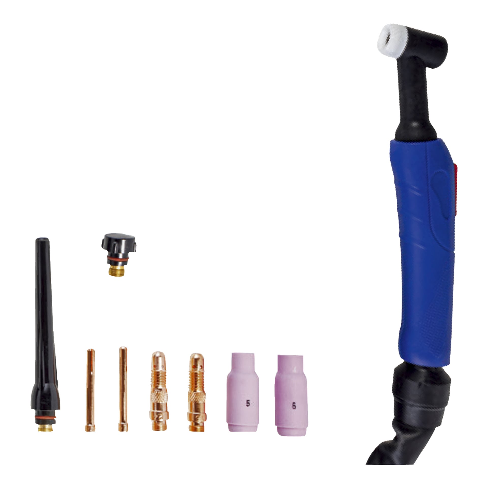 En Meec Tools TIG 160 sveiser med blått håndtak sitter på høyre side, mens ulike tilbehør som dyser, halstanger og kopper er plassert ordnet til venstre.