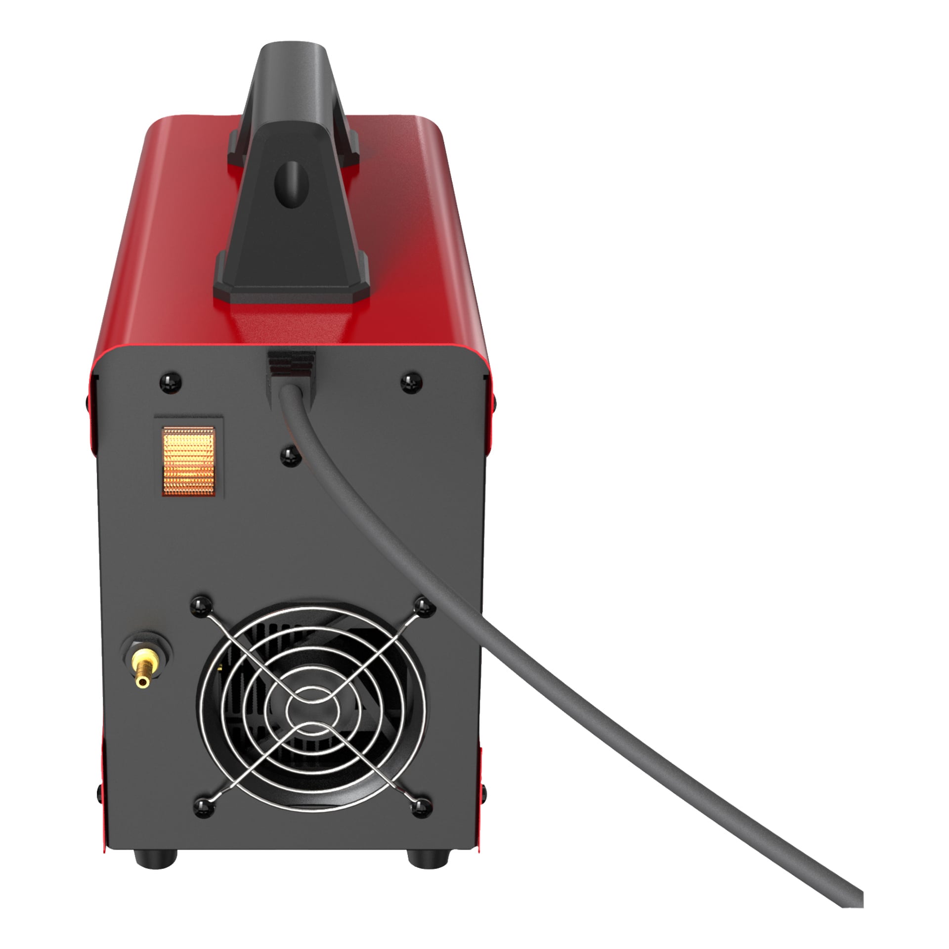 Bakside av Meec Tools TIG 160-sveiser i rødt og svart, med en strømkabel, en vifte beskyttet av et metallgitter, en oransje-indikert bryter og en messingkontakt.